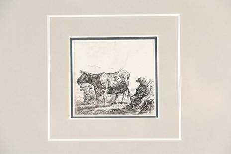 AELBERT CUYP, DUTCH (1620-1691) ETCHING: Small etching of a cow and cowherd. Dimensions: (Frame) H 19.75" x W 18.75", (Sight) H 2.75" x W 2.75" Condition: Good impression. Some toning to the paper, very light.