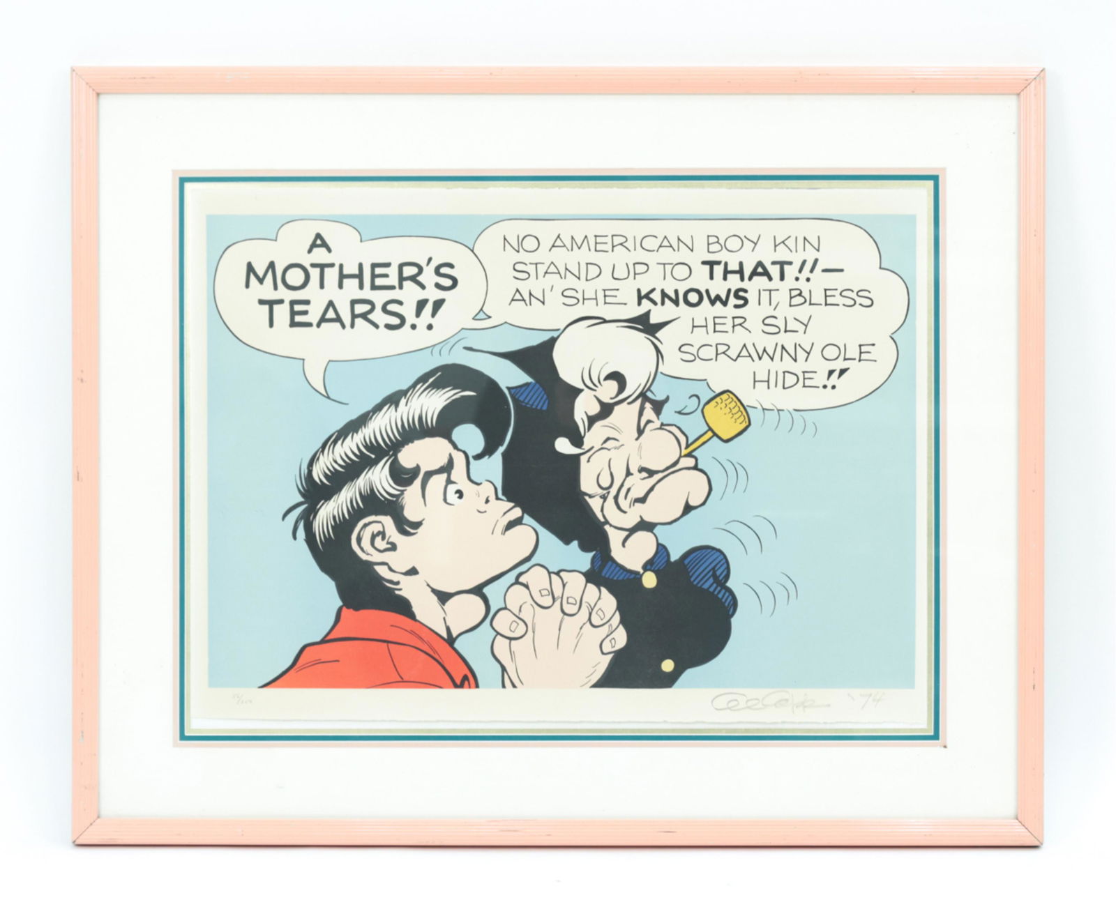 AL CAPP LITHOGRAPH: Li'l Abner & Mammy Yokum. Editioned, signed and dated in pencil lower edge, 56/250, '74. Dimensions: (Frame) H 30.5" x W 37.5", (Paper) H 20.75" x W 28.25" Condition: Wear including rubs and small chi