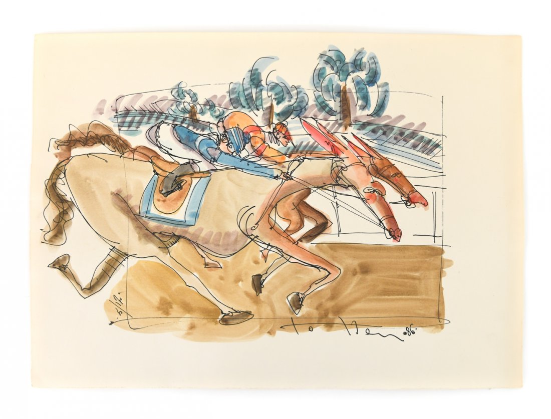 DALE WEAVER TOTTEN (1938-2008) WATERCOLOR: Disney artist and illustrator. Watercolor and ink illustration of horse race. Signed and dated '86. Dimensions: (Paper) H 11" x W 15.5" Condition: Colors good, some light age toning to paper.