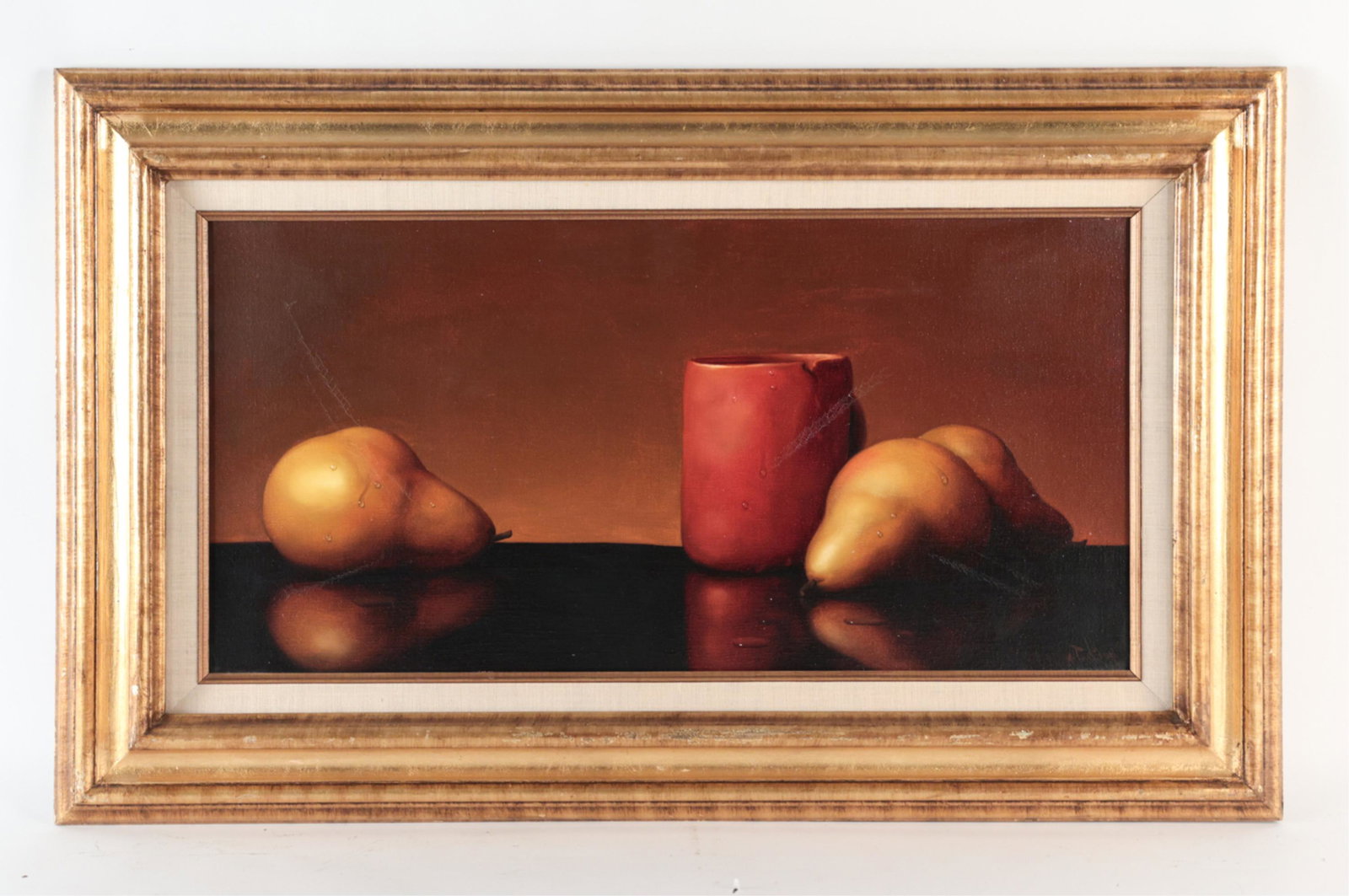 ALFRED JACKSON (AMERICAN, 1940-2001) O/C: Still life, signed lower right. Dimensions: (Frame) H 19.5" x W 31.5", (Canvas) H 12" x W 24" Condition: Scuffs to paint surface. Few dings to frame.