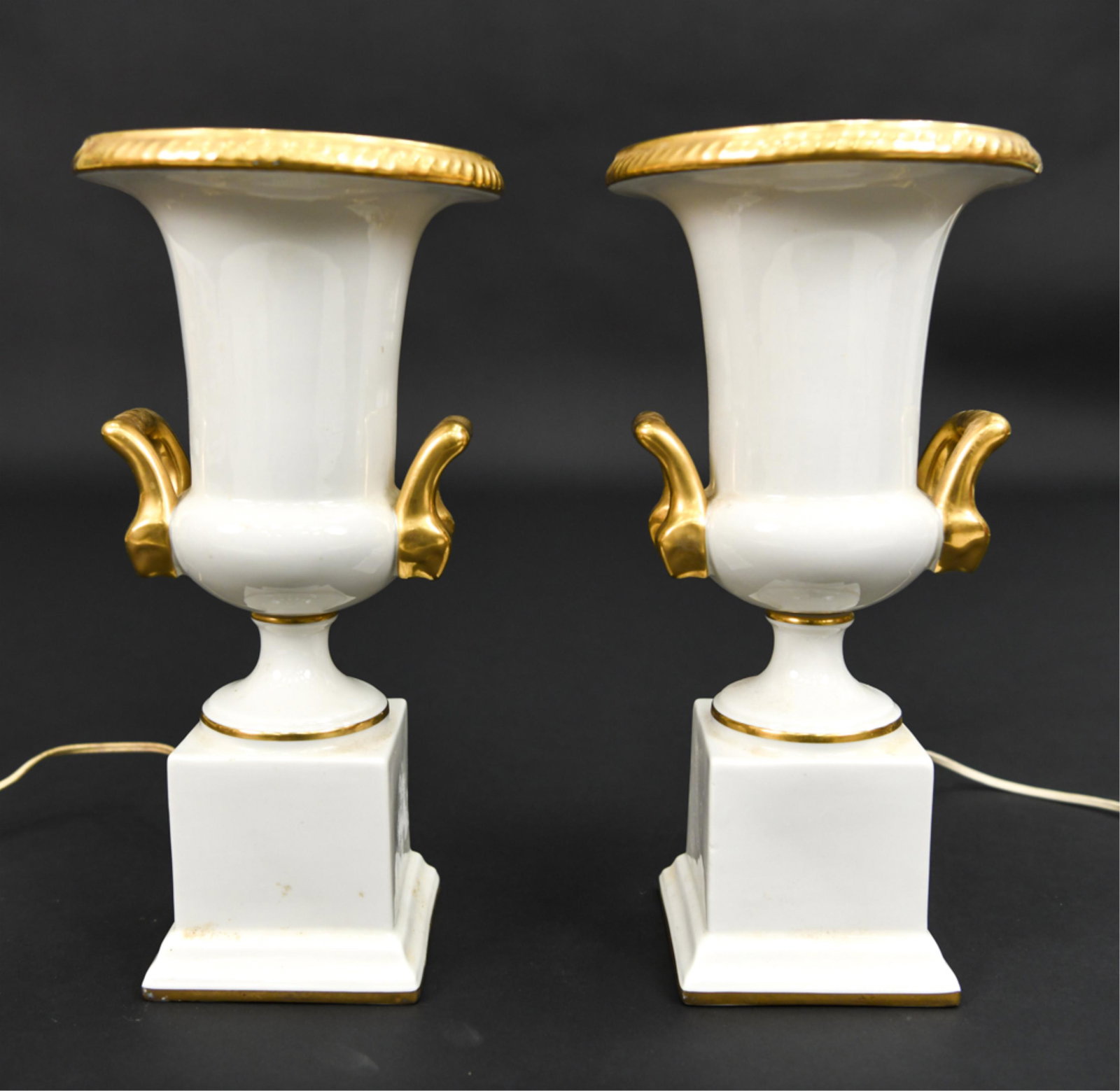 PAIR OLD PARIS PORCELAIN URNS ON STANDS, AS LAMPS (1 of 15)