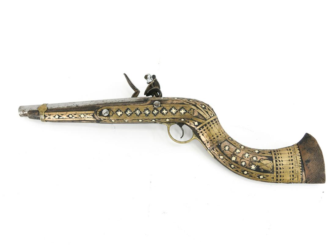 MODIFIED ANTIQUE AFGHAN JALIL: Brass and bone inlaid stock. Stock and barrel cut off. With a British 1812 flint lock. For display purposes. Dimensions: H 9.5" x L 22" x D 2" Condition: Antique mechanism with replaced screw. Stock a