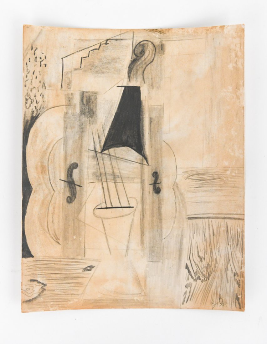 CUBIST PENCIL DRAWING: Pencil on paper, initialed lower right. Dimensions: H 11" x W 8.5" Condition: Paper laid down on card. With time staining.