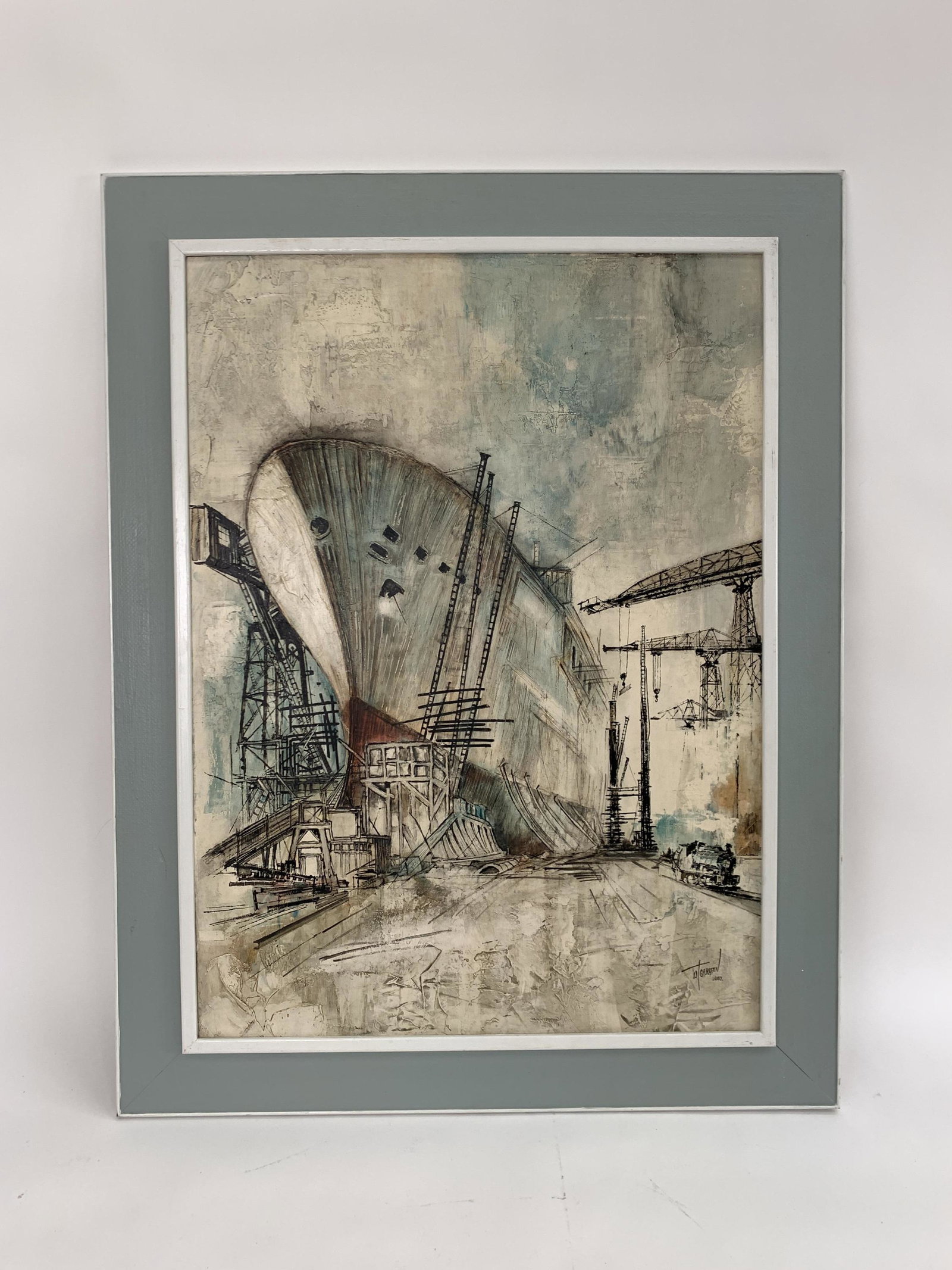 MID CENTURY FREIGHTER AT DOCK O/B: Signed W. Carlsen lower right. Dated 1967. Dimensions: (Frame) H 36.25" x W 28" (Painting) H 30" x W 22" Condition: Rubbing to frame and nail breaks.