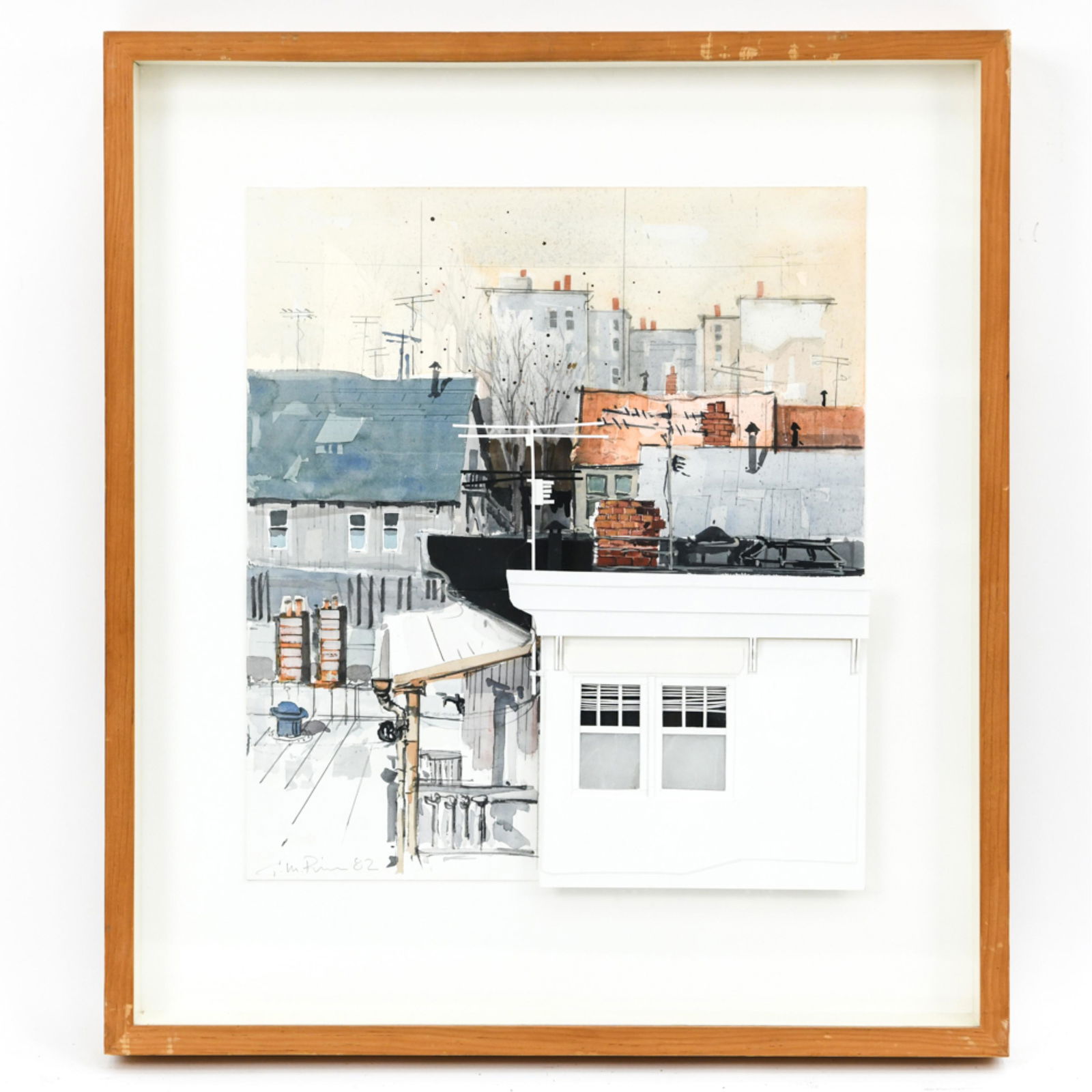 GUENTHER M. RIESS (1945-2015) WATERCOLOR: With 3-D hand cut museum board construction. Austrian/American. Signed and dated lower left, '82. Watercolor with collage. Dimensions: (Frame) H 26" x W 23", (Art) H 18" x W 16" Condition: No issues t