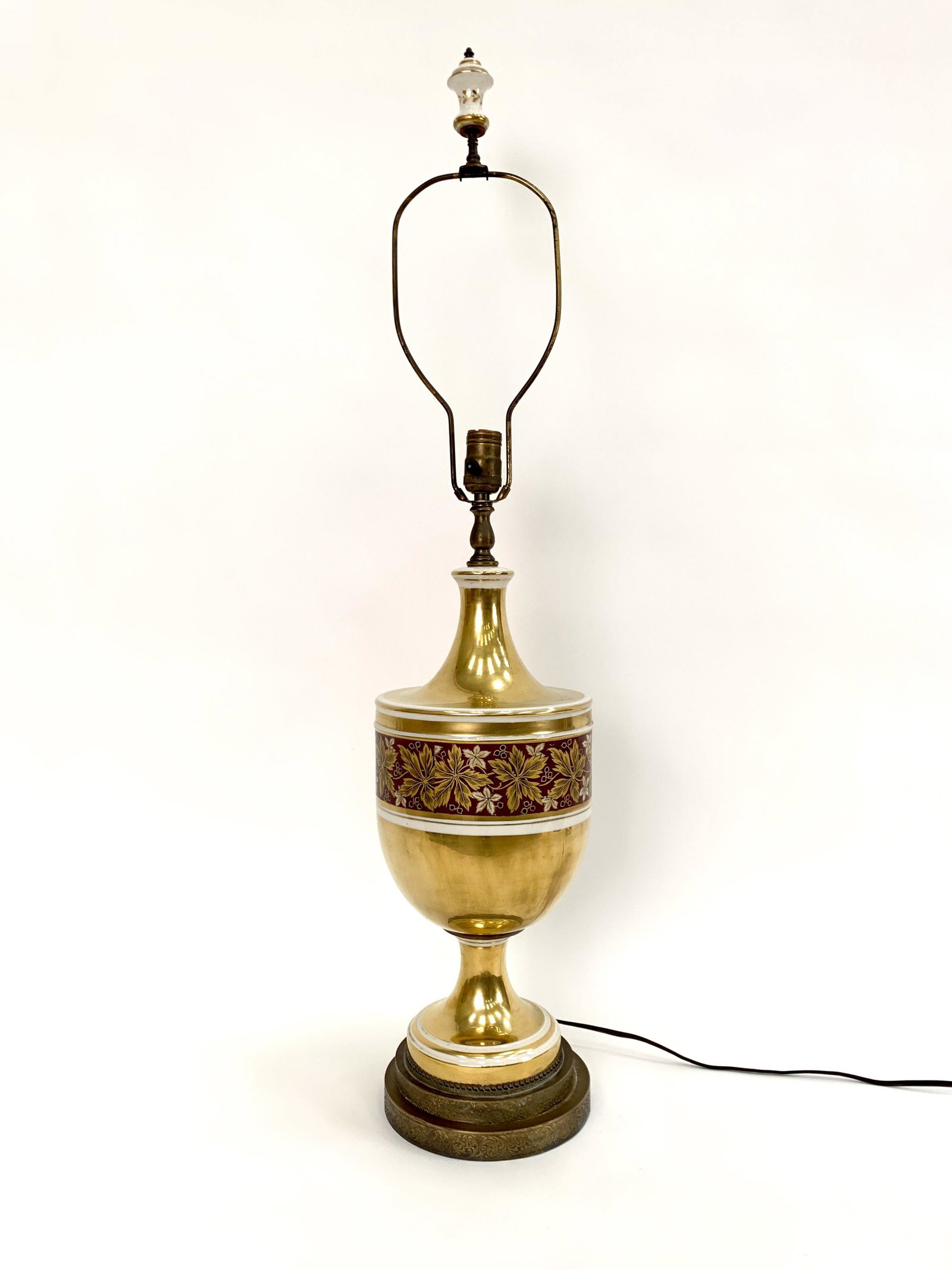 VINTAGE PORCELAIN GILDED & ENAMELED URN LAMP: Dimensions: (To finial) H 38" x Dia. 8" Condition: A little loose on base. Harp bent.