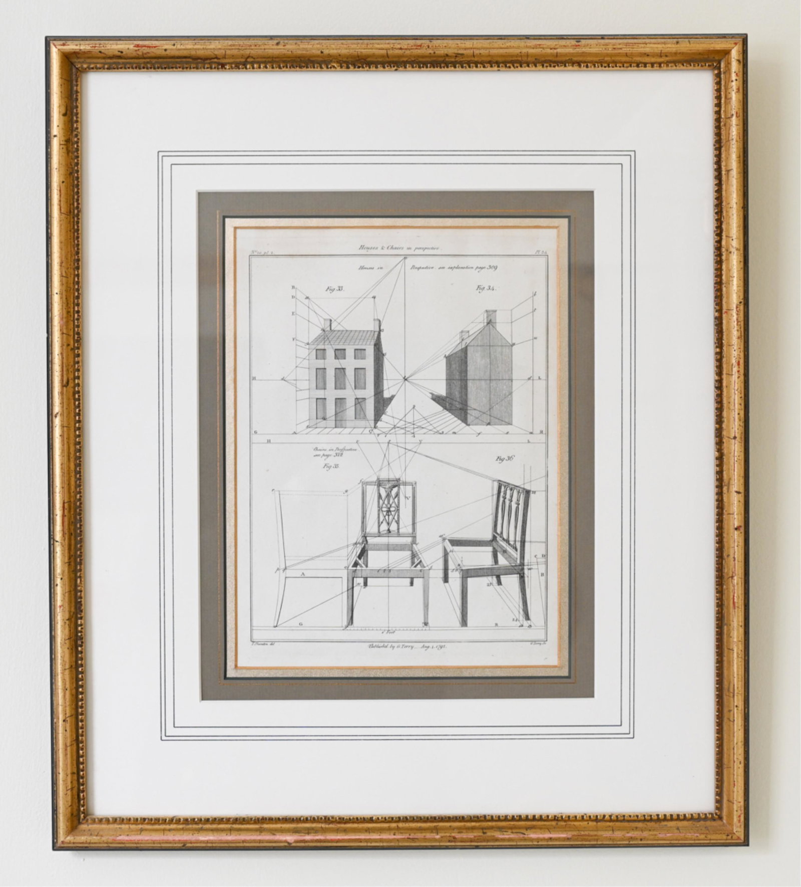 18TH C. SHERATON ENGRAVING FURNITURE & HOUSE: A page from Thomas Sheraton's "The Cabinet Maker" and "Upholsterer" drawing book published in 1791.Perspective views of a chair and of a house. Dated 1792. Dimensions: (Frame) H 18" x W 15.5", (Sight)