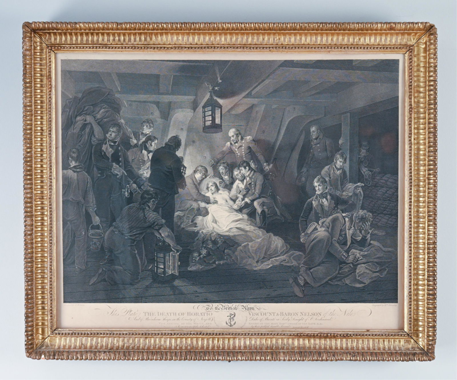 DEATH OF LORD NELSON ANTIQUE ENGRAVING, 1812: Antique engraving after Arthur William Devis, English (1762-1822). Engraved by William Bromley and published by Josiah Boydell, March 2, 1812. Titled "The Death of Horatio Viscount & Baron Nelson of t