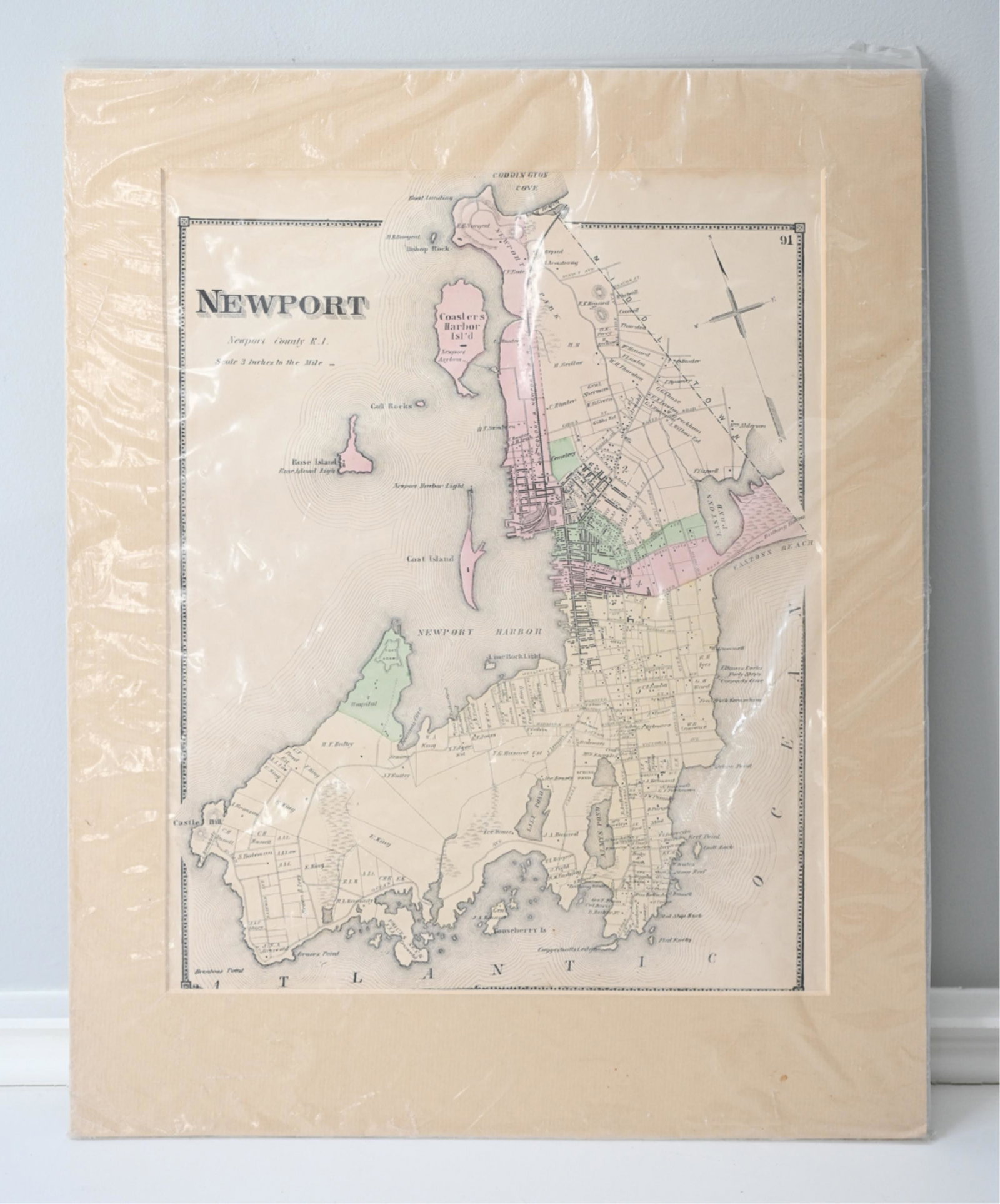 ANTIQUE HAND COLORED MAP OF NEWPORT, RI: 19th Century hand-colored engraving; map of Newport County, RI. Unframed, with mat and board. Apparently unsigned. Dimensions (Mat) H 20" x W 16" (Sight) H 15" x W 12" Condition: Matting with light so