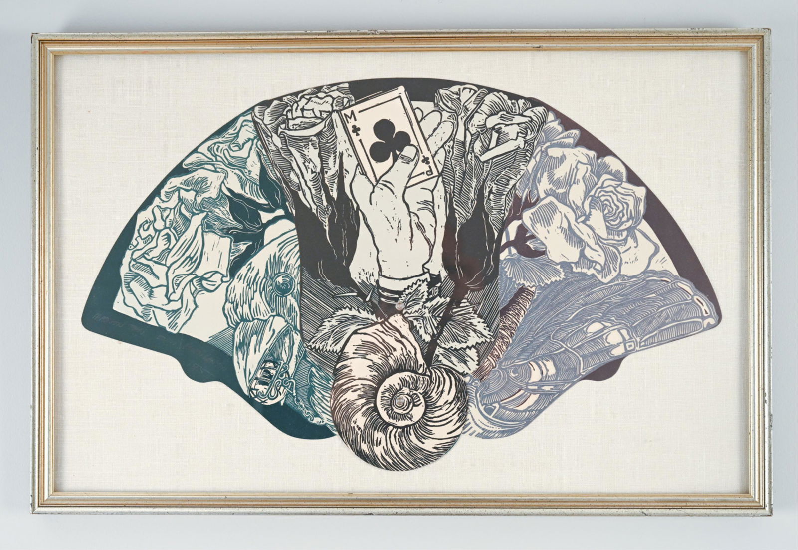 ELLEN LANYON (1926-2013) LINOCUT PRINT 1975: Linoleum block print on paper, titled "Madison Fan", Ed./100, dated 1975 and signed lower left. Dimensions: (Frame) H 17.25" x W 26" (Paper) H 14" x 22.75" Condition: No issues to note.