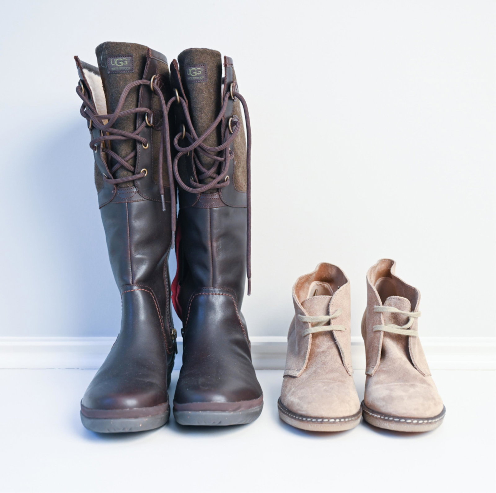 (2) PAIRS LADIES' DESIGNER BOOTS, SIZES 8-9: Including Ugg wool and leather lace up boots, size 9 and J.Crew suede wedge heel desert boot, size 8.