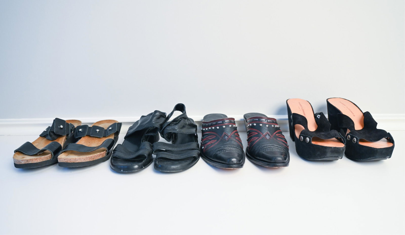 (4) PAIRS WOMEN'S DESIGNER SHOES, INCL. CLERGERIE: Including Robert Clergerie studded suede platform sandals, size 8; Cole Haan western heeled mules, size 8; NAOT Birkenstock-style platform slide sandals, size 38; GMA leather Euro-style block heel san