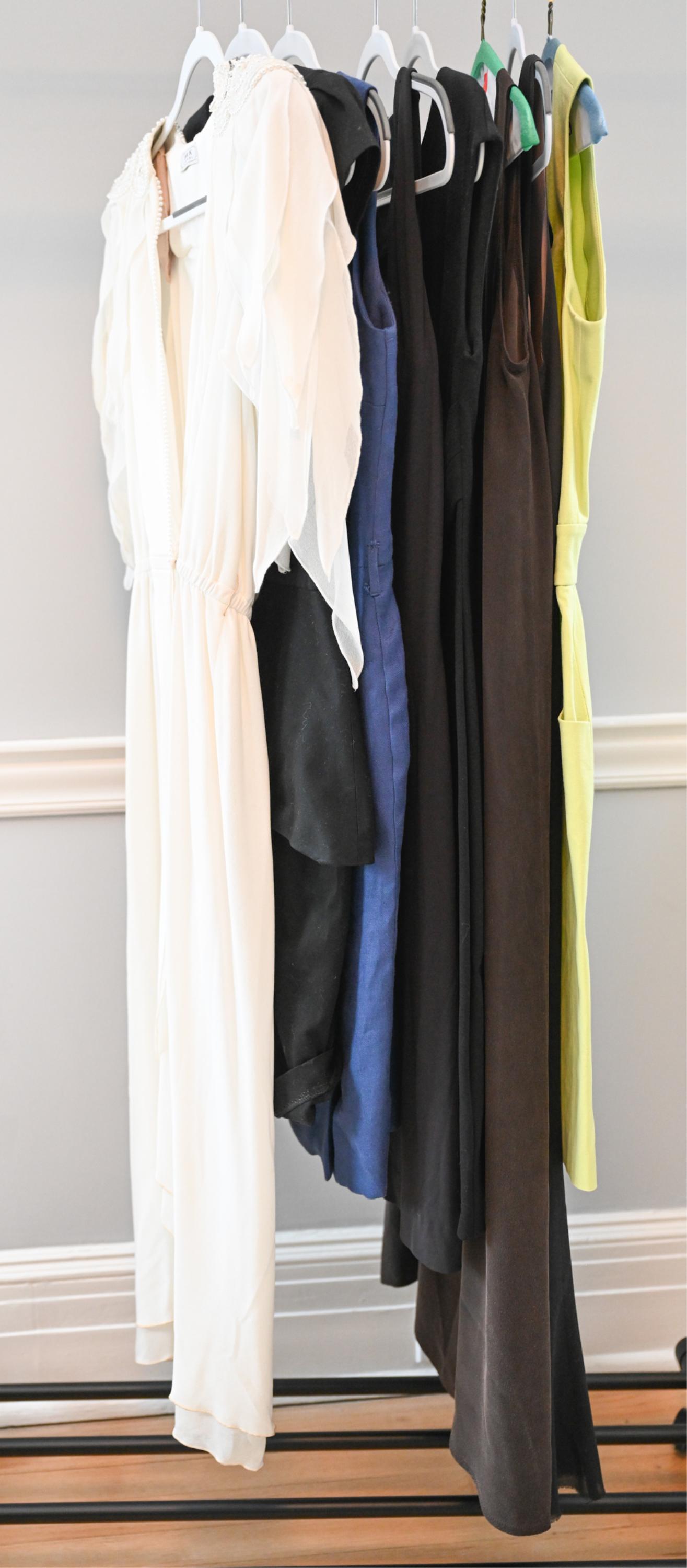 GROUPING OF DESIGNER DRESSES INCL. ESCADA: Grouping of (8) dresses, including (2) fitted dresses by Sinequanon, size 42; custom tea-length Bok K. Couture poly knit wrap dress with faux pearl trim and handkerchief flutter sleeve; Eileen Fisher