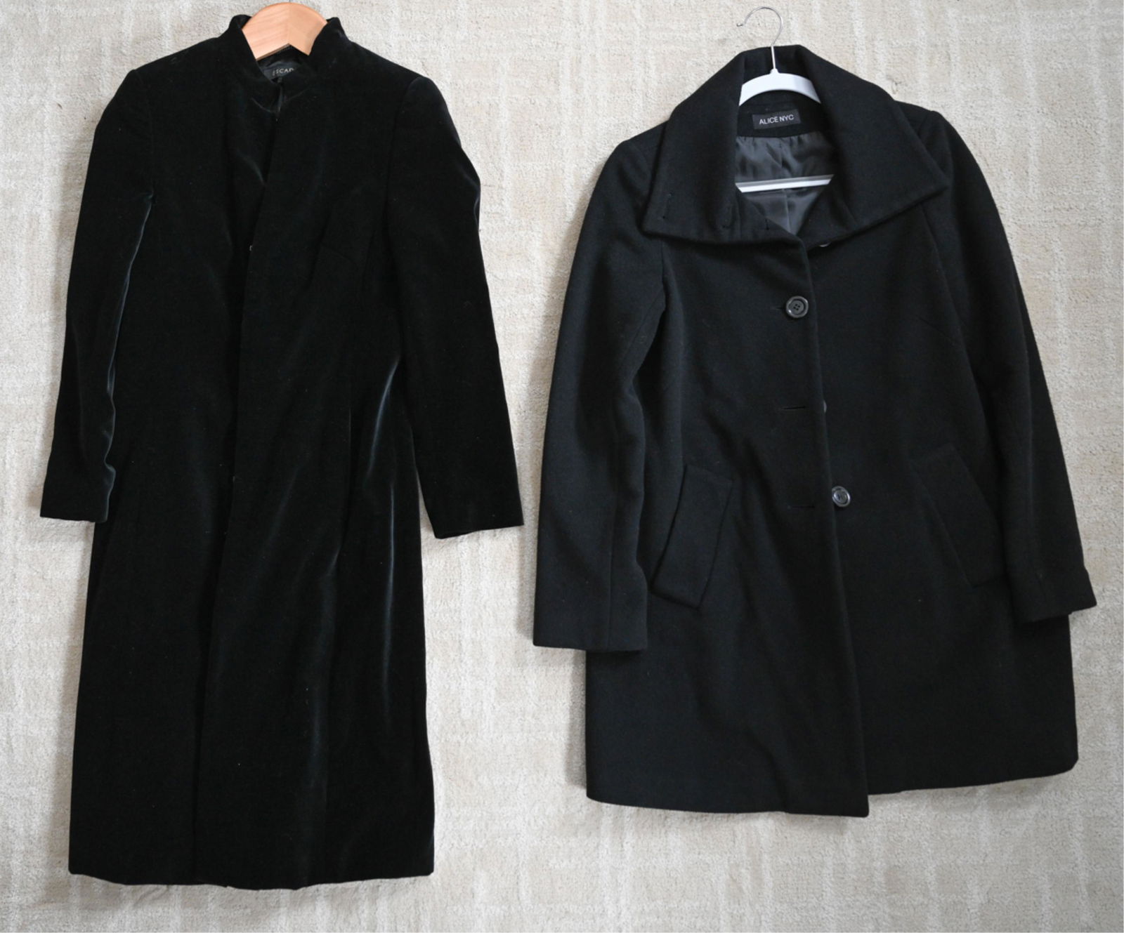(2) LADIES' DESIGNER COATS INCL. ESCADA: Including Escada black velvet, 3/4 length, size 36; Alice NYC cashmere/wool blend pea coat, size 8. Condition: Escada showing barely any use, wool coat with minor pilling at sleeves.