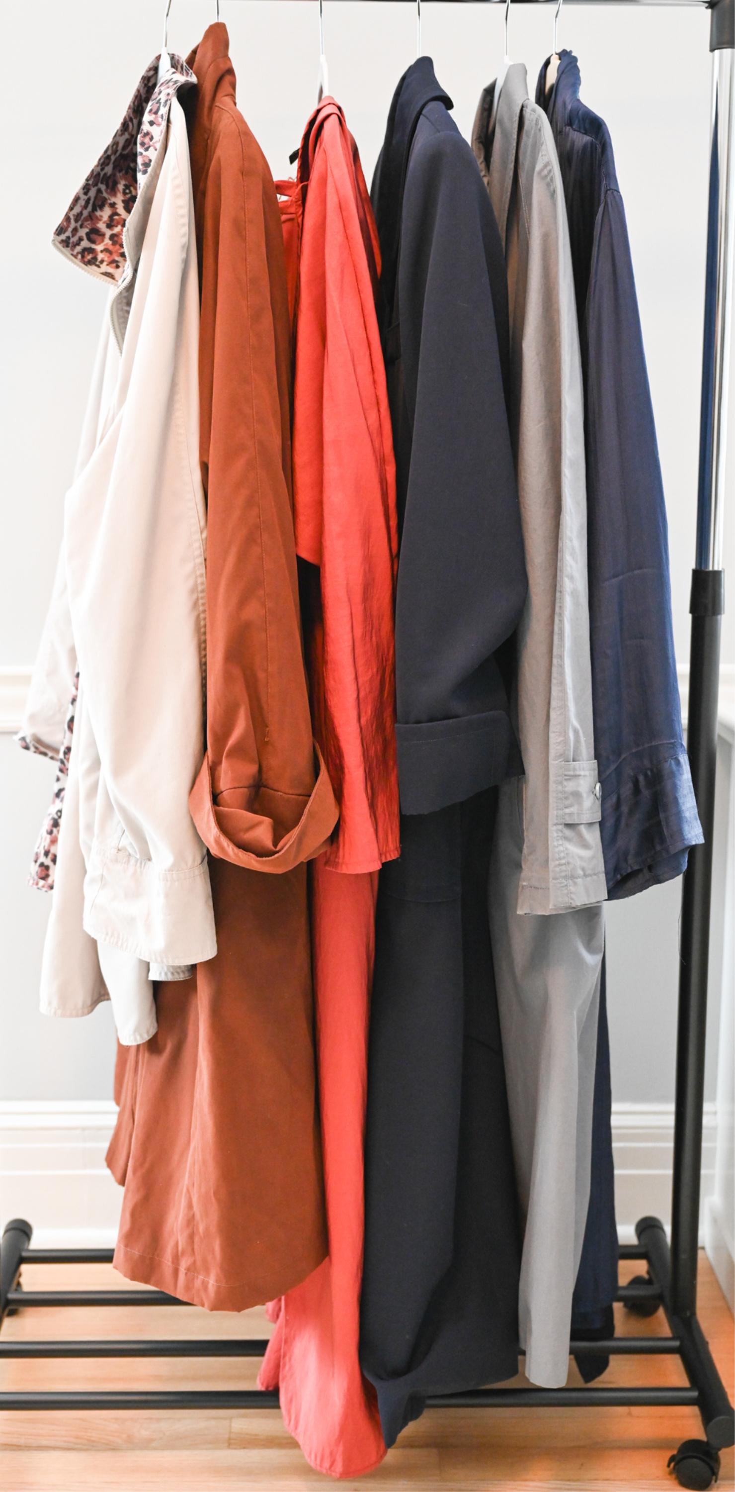 GROUPING OF TRENCH COATS & JACKETS: Grouping of (6) spring jackets, including vintage Searle burnt orange coat with removable liner, size 6; Maralyce Ferree coral hooded rain duster, size S; c. 1990s Calvin Klein belted navy trench coat