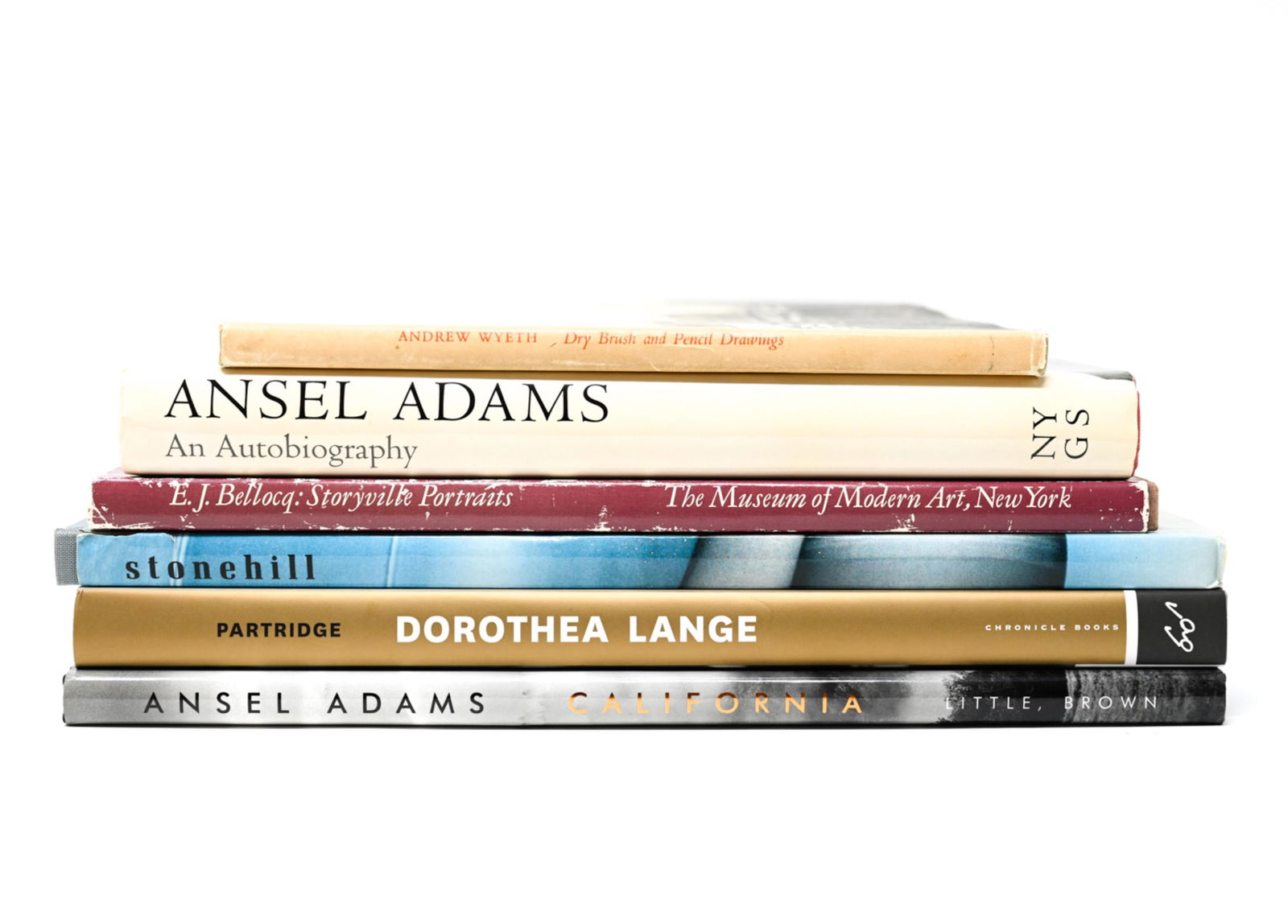 GROUP OF (6) PHOTOGRAPHY & CONTEMPORARY ART BOOKS: Including (2) Ansel Adams, Dorothea Lange, Andrew Wyeth, etc. Dimensions: (Largest) H 12.5" x W 9.5" x D 1" Condition: "Storyville Portraits" with large tear to dust jacket; the rest showing normal si