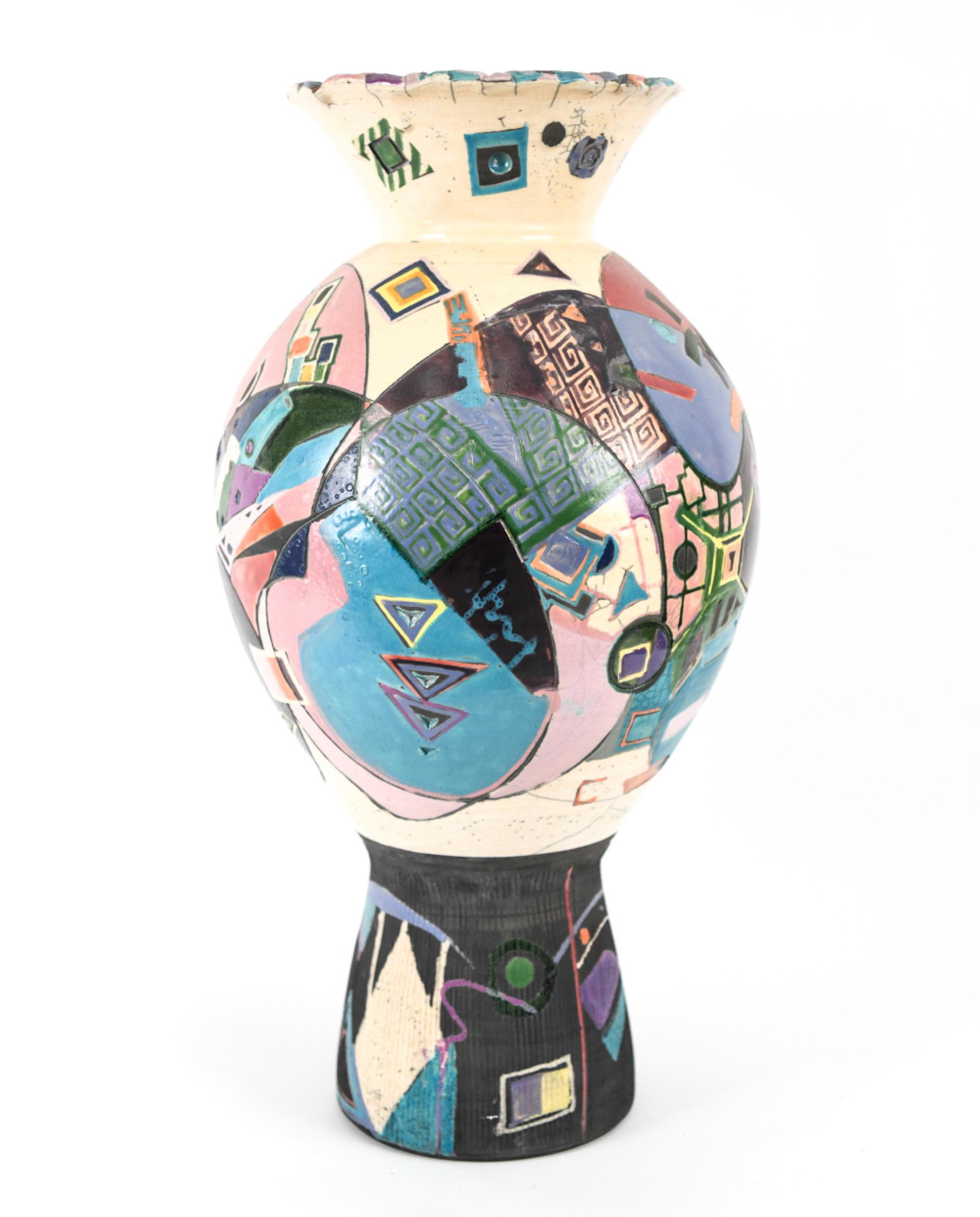 AMADIO SMITH MONUMENTAL RAKU POTTERY VASE: Large baluster form vase with glazed, combed, and incised abstract geometric motifs by Disney artist Amadio Smith. Mid- to Late 20th century, signed "Amadio Smith Laguna" on bottom. Dimensions: H 29" 