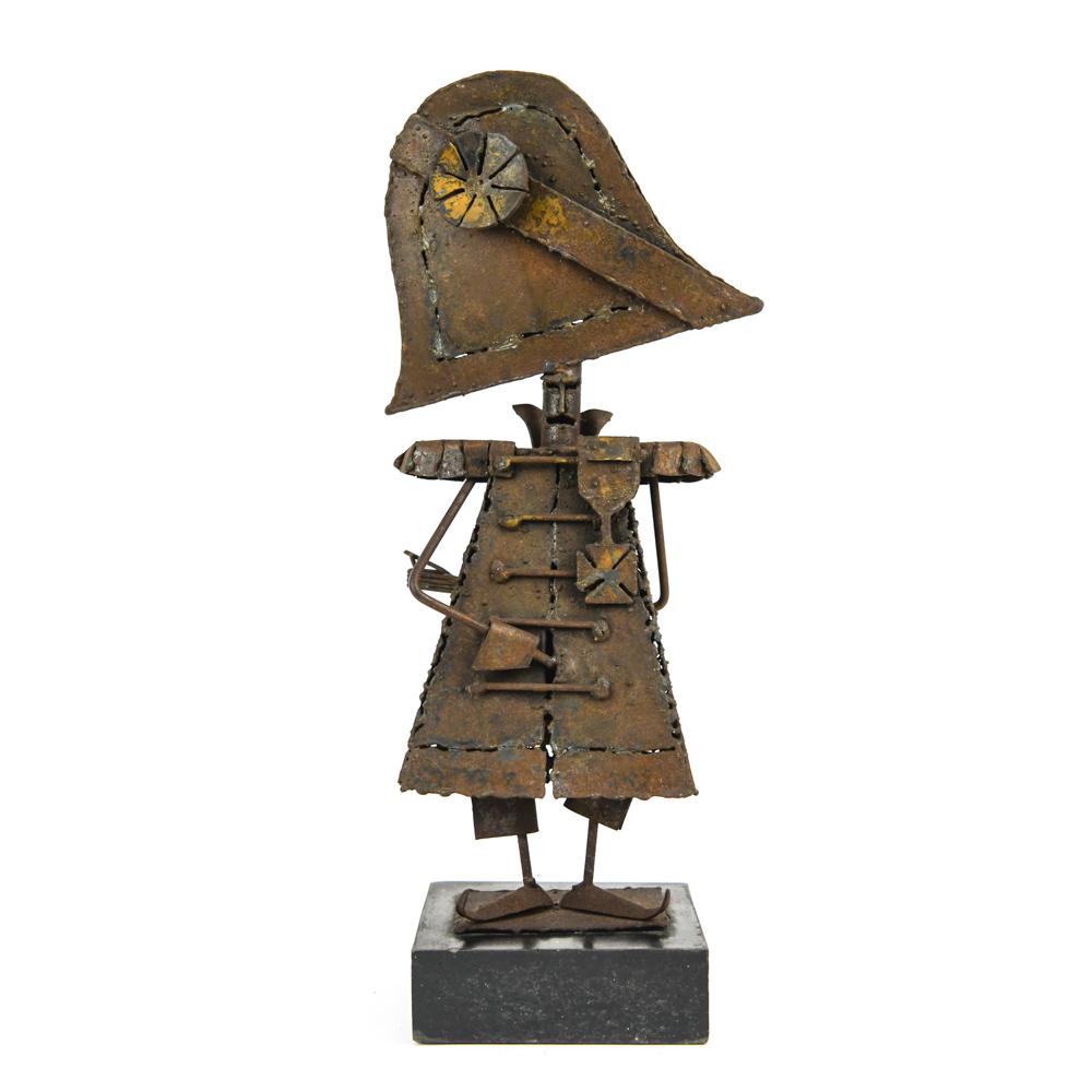 JACK HANSON (B.1933) "NAPOLEON" SCULPTURE, 1970: Mixed metal torch cut and welded "Napoleon" sculpture by Jack Hanson and Hanson House workshop of Long Beach, CA c.1970s. Apparently unsigned. Dimensions: H 18" x W 8" x D 5.5" Condition: Chips and sc