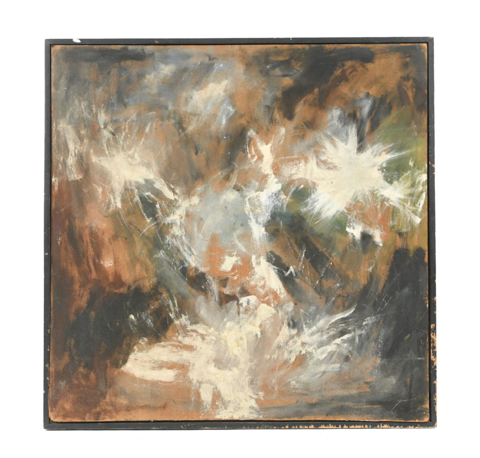 LARGE MODERN ABSTRACT OIL ON MASONITE: Monochromatic colors on masonite. Signed Robert Sabato Coppola and titled "Breakers" verso. Dimensions: (Frame) H 50" x W 50", (Painting) H 48" x W 48" Condition: Rubbing and losses to both painting a