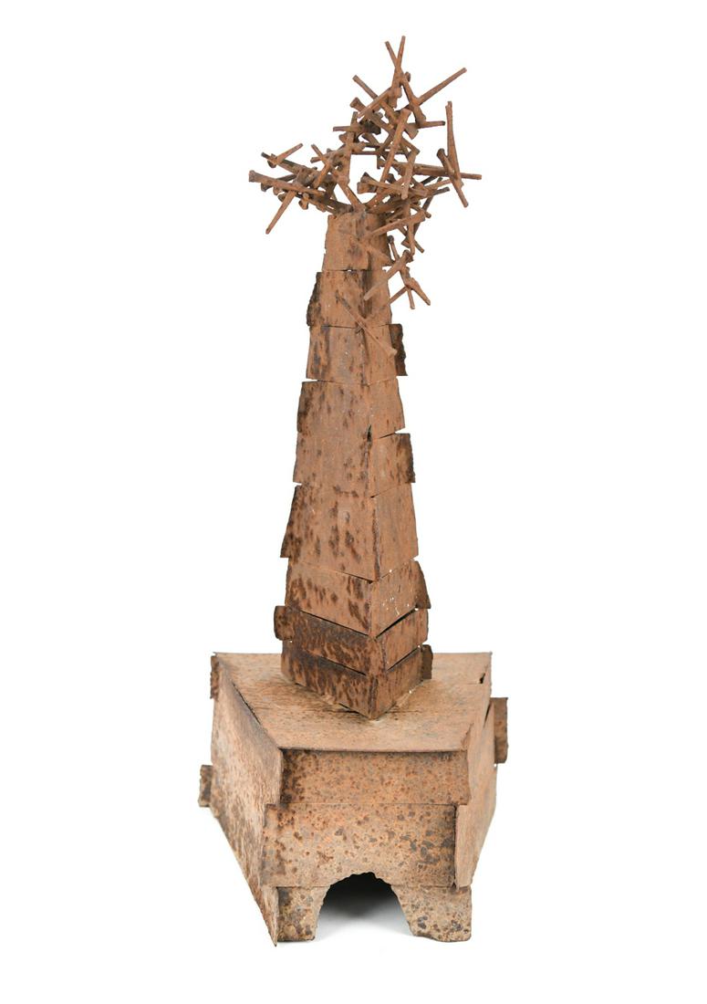 MID-CENTURY BRUTALIST IRON NAIL SCULPTURE: Apparently unsigned. Assembled from rusted iron strips and old rose head nails. Dimensions: H 31" x W 11.5" x D 12.25" Condition: Distress consistent with age.
