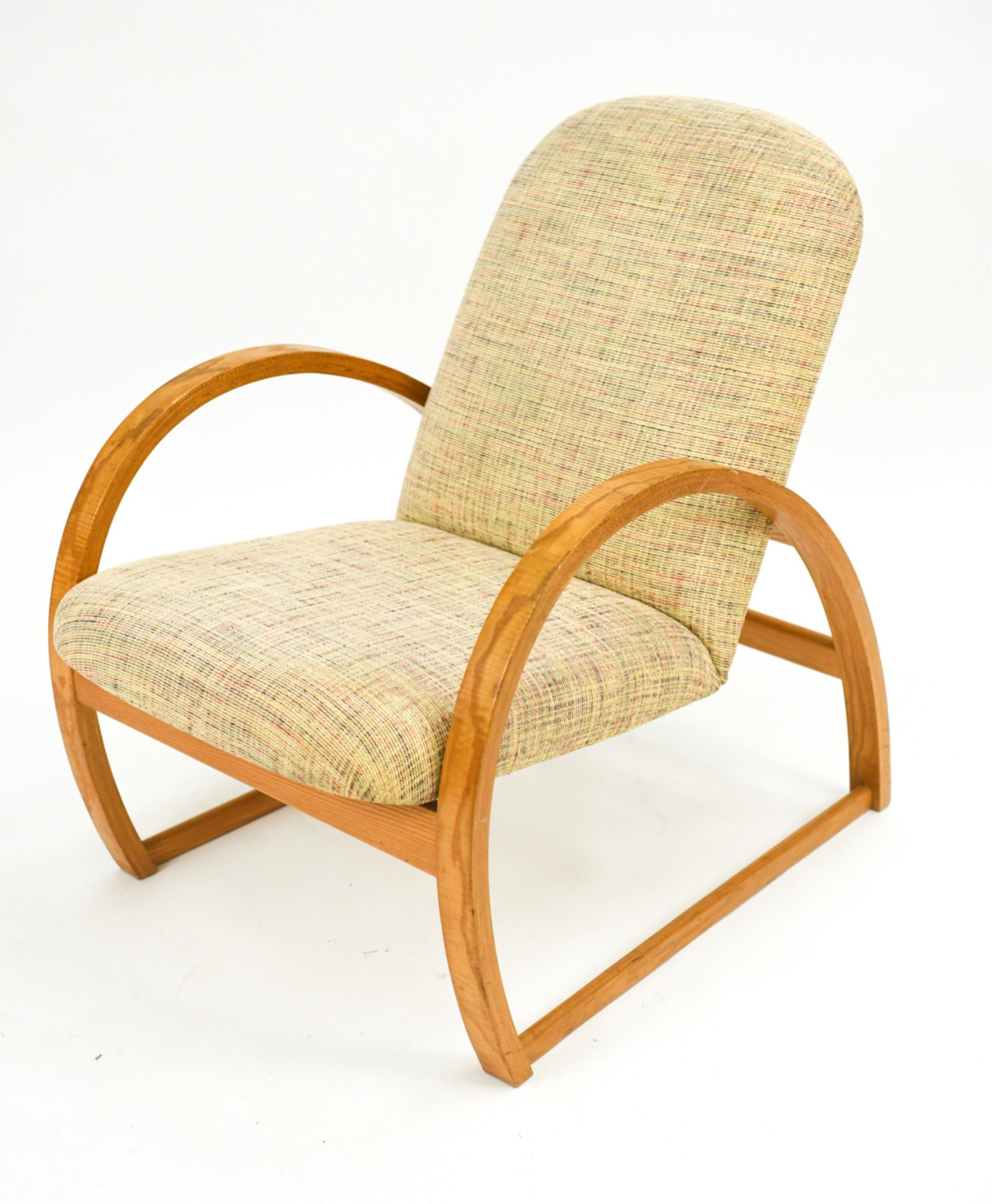 MODERNIST RECLINING LOUNGE CHAIR: Contemporary bent wood reclining lounge chair. Most likely circa 1970. Dimensions: H 33" x W 24" x D 35" x SH 17.5" Condition: Minor marks and scratches to wood. Upholstery has minor wear.