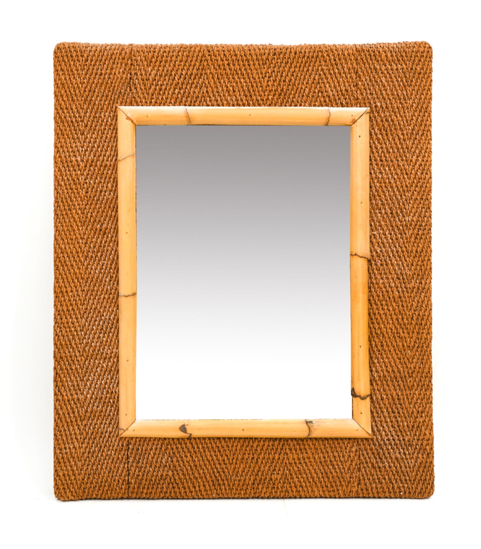 MID-CENTURY RAYMOR ITALIAN ROPE & BAMBOO MIRROR: With Raymor label verso. Rope wrapped with bamboo. Dimensions: H 35" x W 29" Condition: Age wear. Dusty in rope.