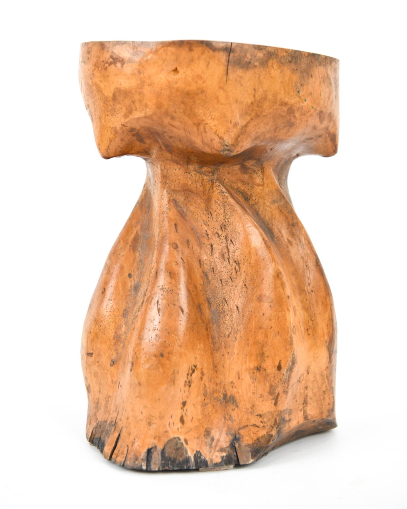 HAND-CARVED SCULPTURAL WOOD PEDESTAL: Possibly olive or burl wood. Unsigned. 20th century, c. 1970s. Dimensions: H 12.75" x W 9.75" x D 8" Condition: Losses and splits particularly to bottom. Surface marks and wear.