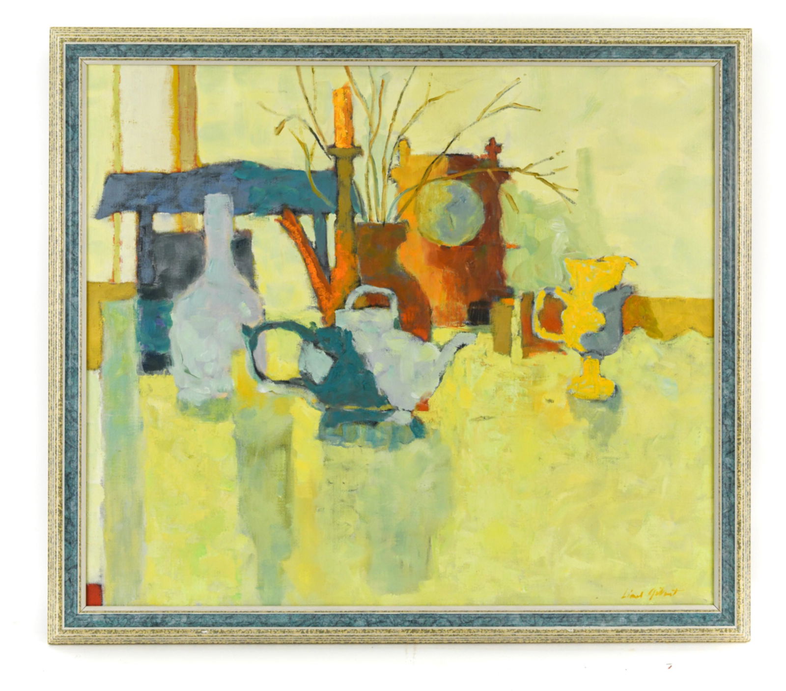 LIONEL GILBERT NEW JERSEY (1912-2005) O/C ABSTRACT: Abstracted still life, signed lower right. Titled "English Teapot" on the stretcher. Dimensions: (Frame) H 28" x W 32", (Canvas) H 25" x W 29" Condition: No issues to note.