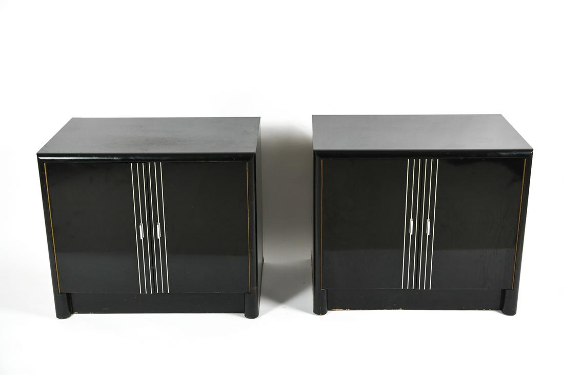 PAIR OF ART DECO STYLE NIGHTSTANDS: "Ebonized" wood with silver tone metal fittings. Dimensions: H 24.5" x W 28.5" x D 18" Condition: Scuffing, scratching, rubbed surface. Some denting to corners.