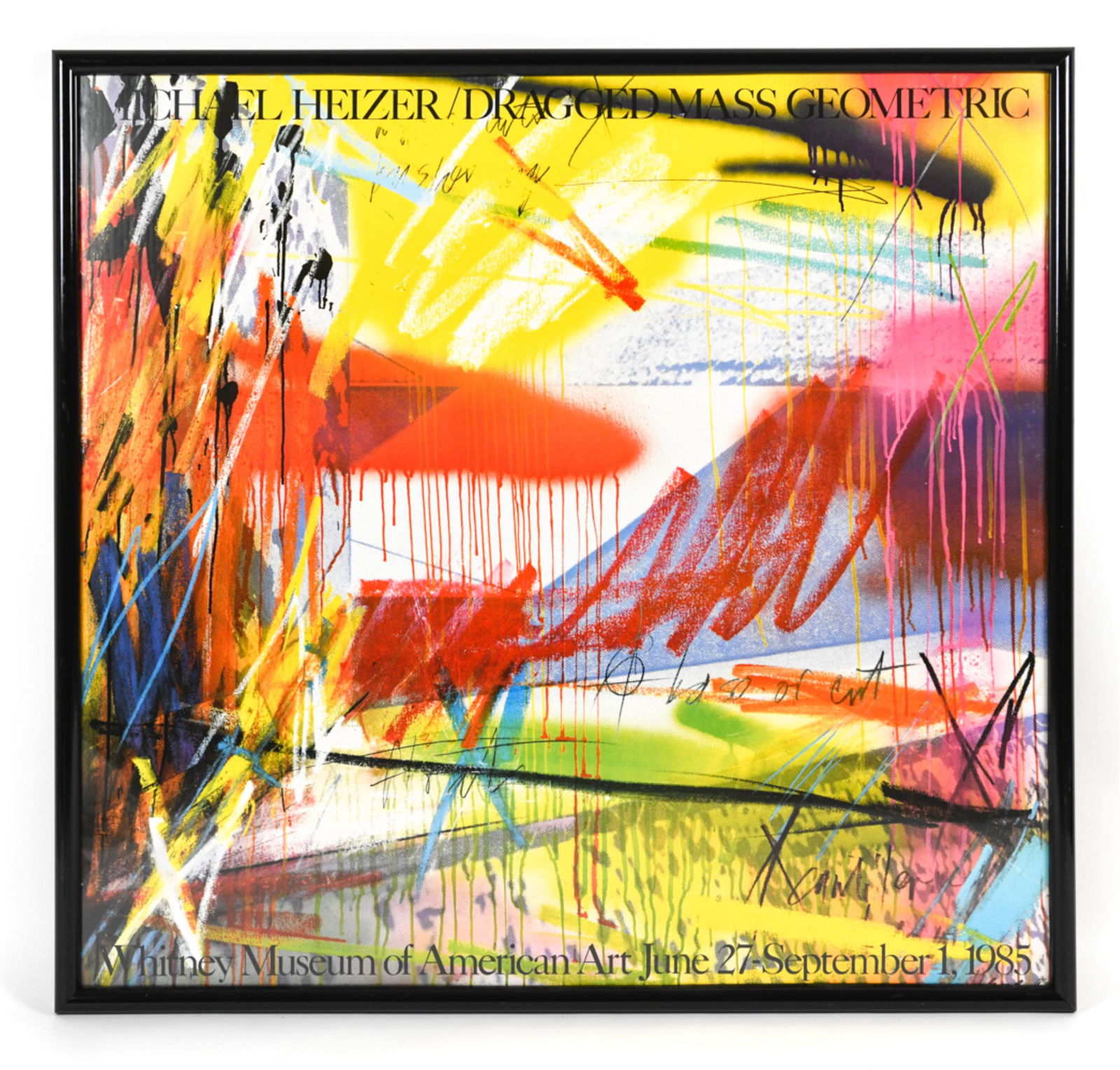 1985 WHITNEY MUSEUM MICHAEL HEIZER POSTER: For Michael Heizer exhibition. Dimensions: (Frame) H 46" x W 48" Condition: Appears clean, bright, some rubbing to the frame.