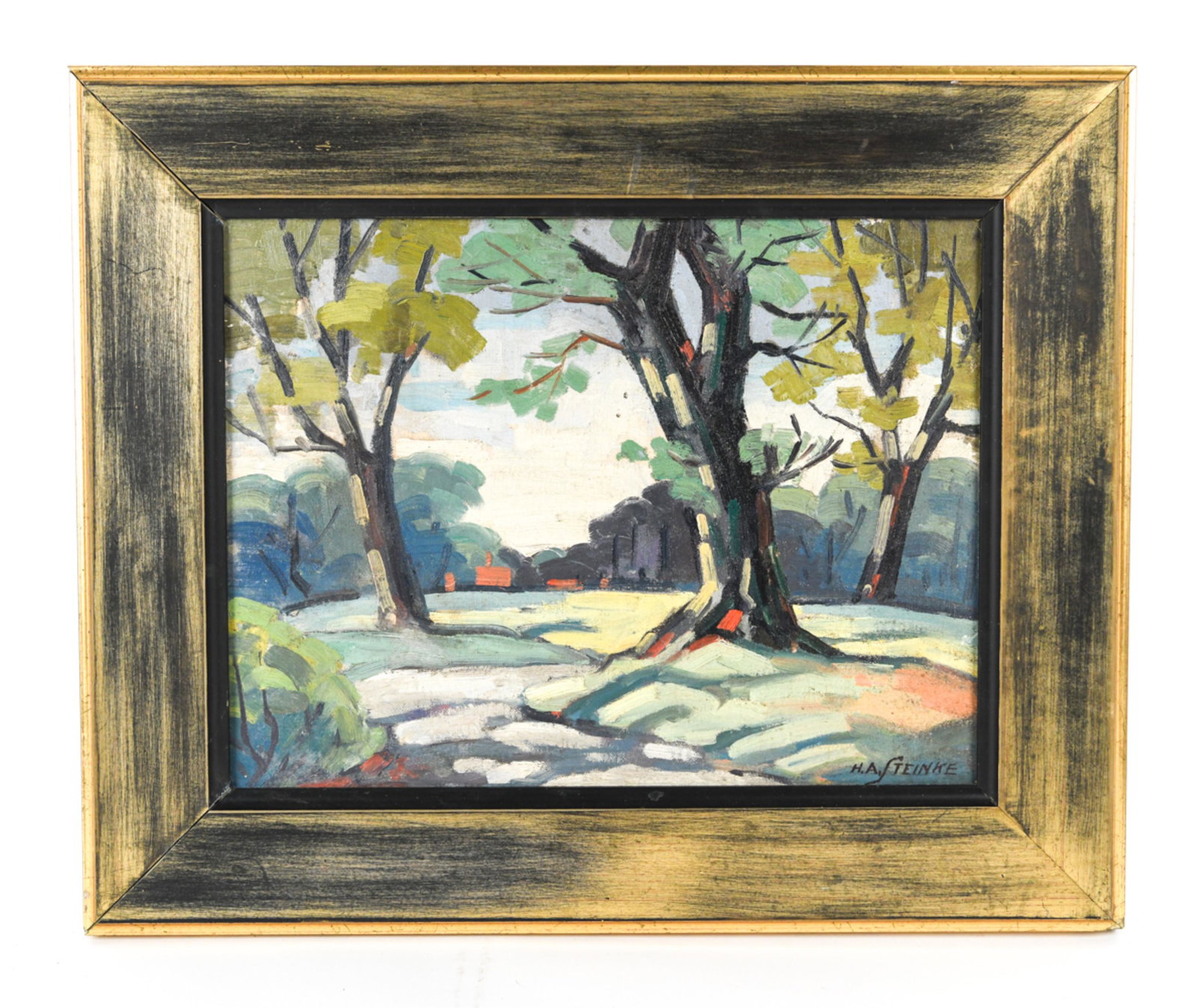 HERBERT STEINKE (1894-1982) OIL ON CANVAS BOARD: View of distant farm buildings, signed lower right. Dimensions: (Frame) H 18" x W 21.5" (Painting) H 12" x W 16" Condition: Painting with dirty surface, frame with some scratches.