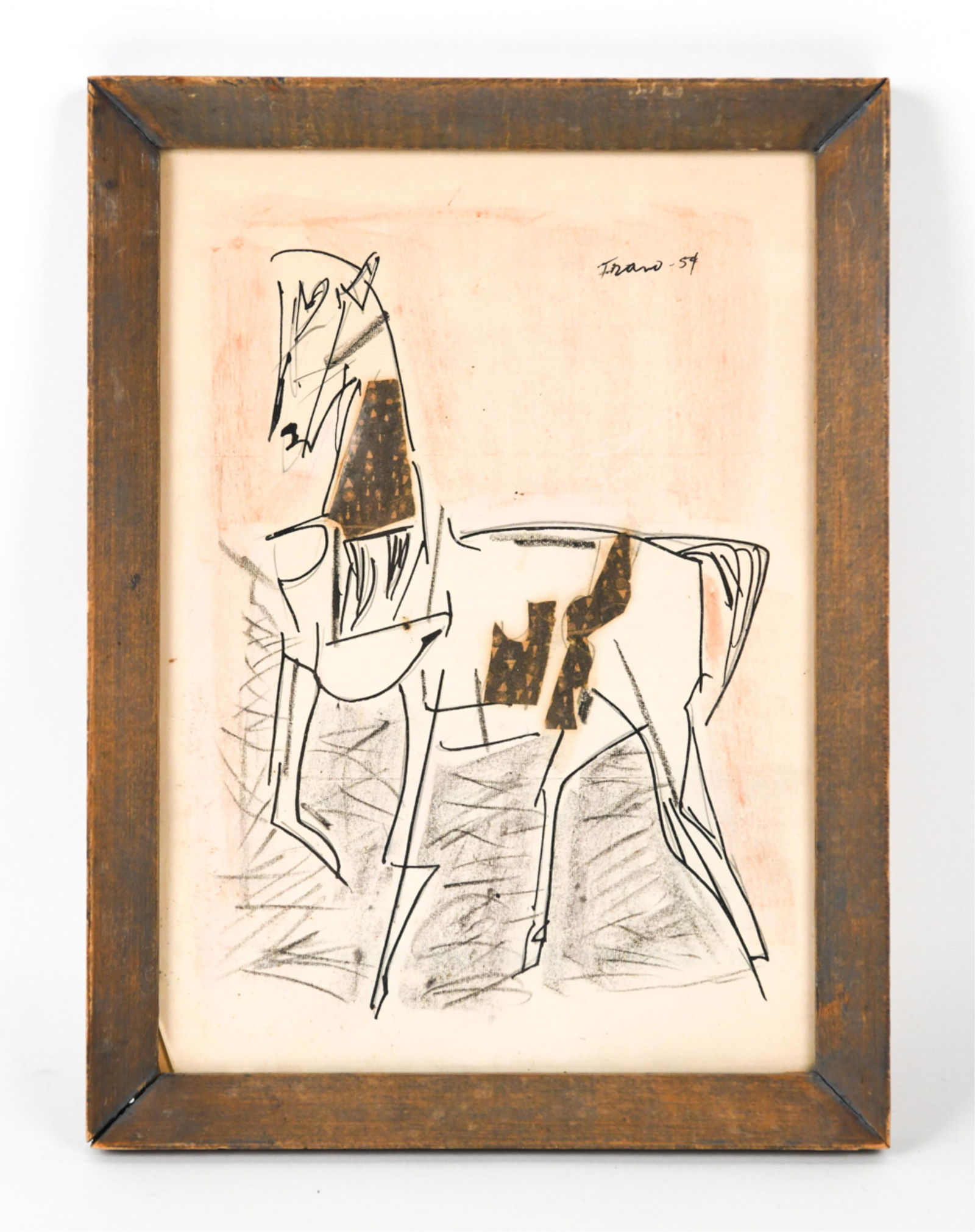 THEODORE FRANO, AMERICAN (1925-1971) COLLAGE: Theodore S. Frano, American (1925-1971). "The Horse" Ink, and newspaper on paper, 1954. Signed & dated "Frano -54" top right corner, labeled on verso. A rare early mixed media drawing by Chicago artis