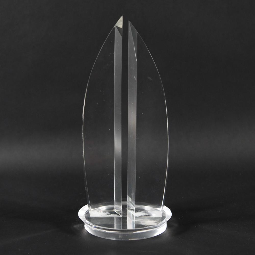 ABSTRACT SAIL FORM LUCITE SCULPTURE, 1970S: Signed Hammond to base. Sail form lucite sculpture. American, c. 1970s. Dimensions: H 15.25" x Dia. 6.75" Condition: Some areas of crazing to lucite. Few flea bites to edges. Few surface scratches.