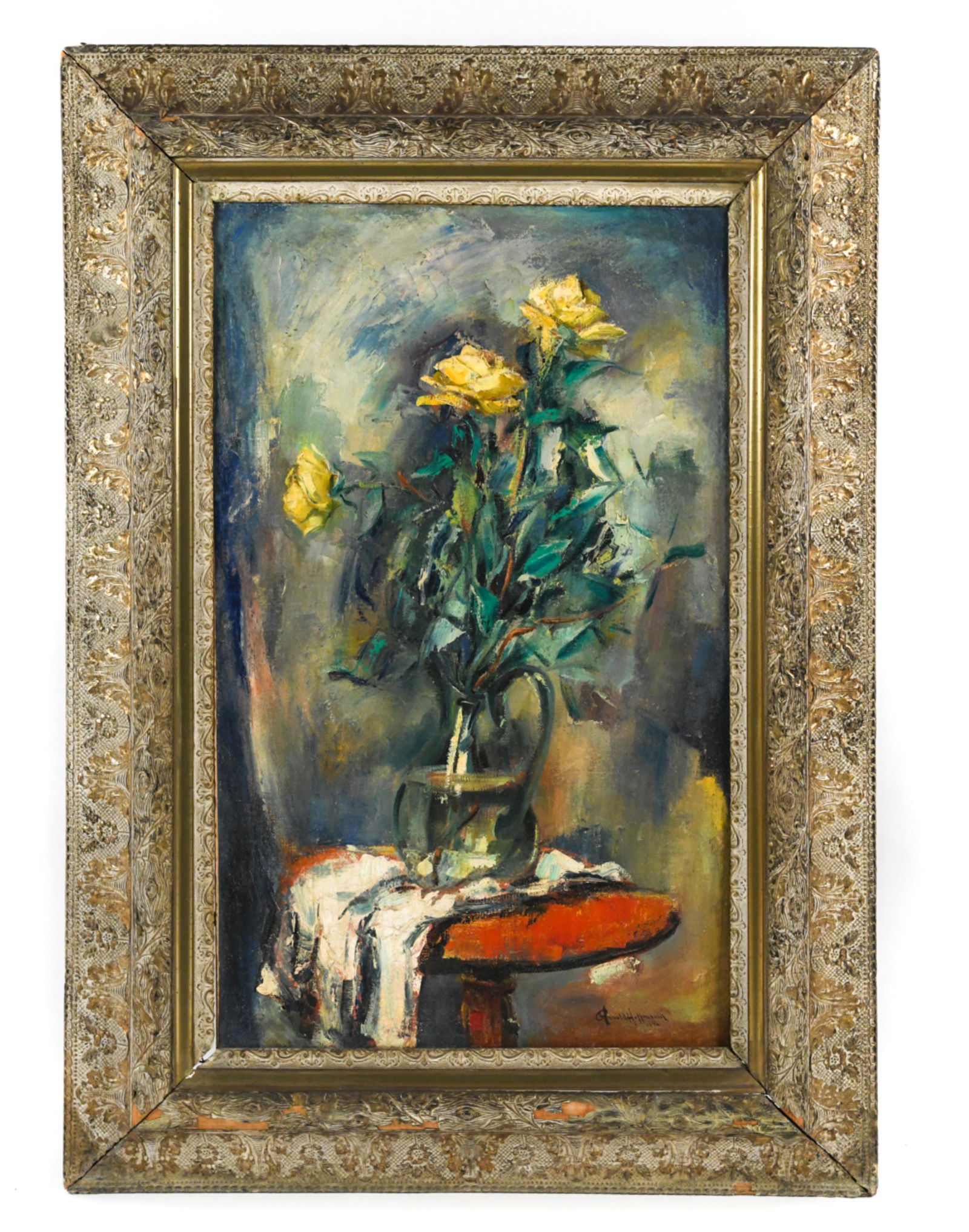 ARNOLD HOFFMANN, RUSSIAN-NY (1886-1966) O/C, 1946: Floral still life oil on canvas, signed and dated 1946 lower right. Dimensions: (Frame) H 49" x W 34.5" (Canvas) H 36.5" x W 22" Condition: Painting loose in frame, yellowing to surface and foxing to