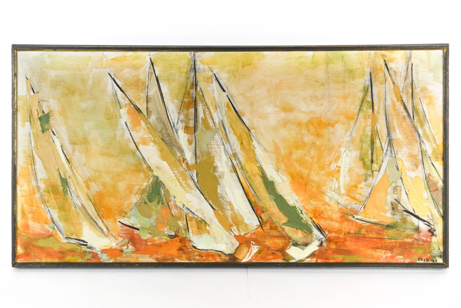 MID-CENTURY O/C PROVINCETOWN YACHT SCENE 1965: "The Race" by Mae D. Biagi. Oil on canvas, c. 1965. Signed "Biagi" lower right corner, titled w/ artist's label on verso. Artist exhibited at the Provincetown Art Association in 1962 and 1965. Dimensi