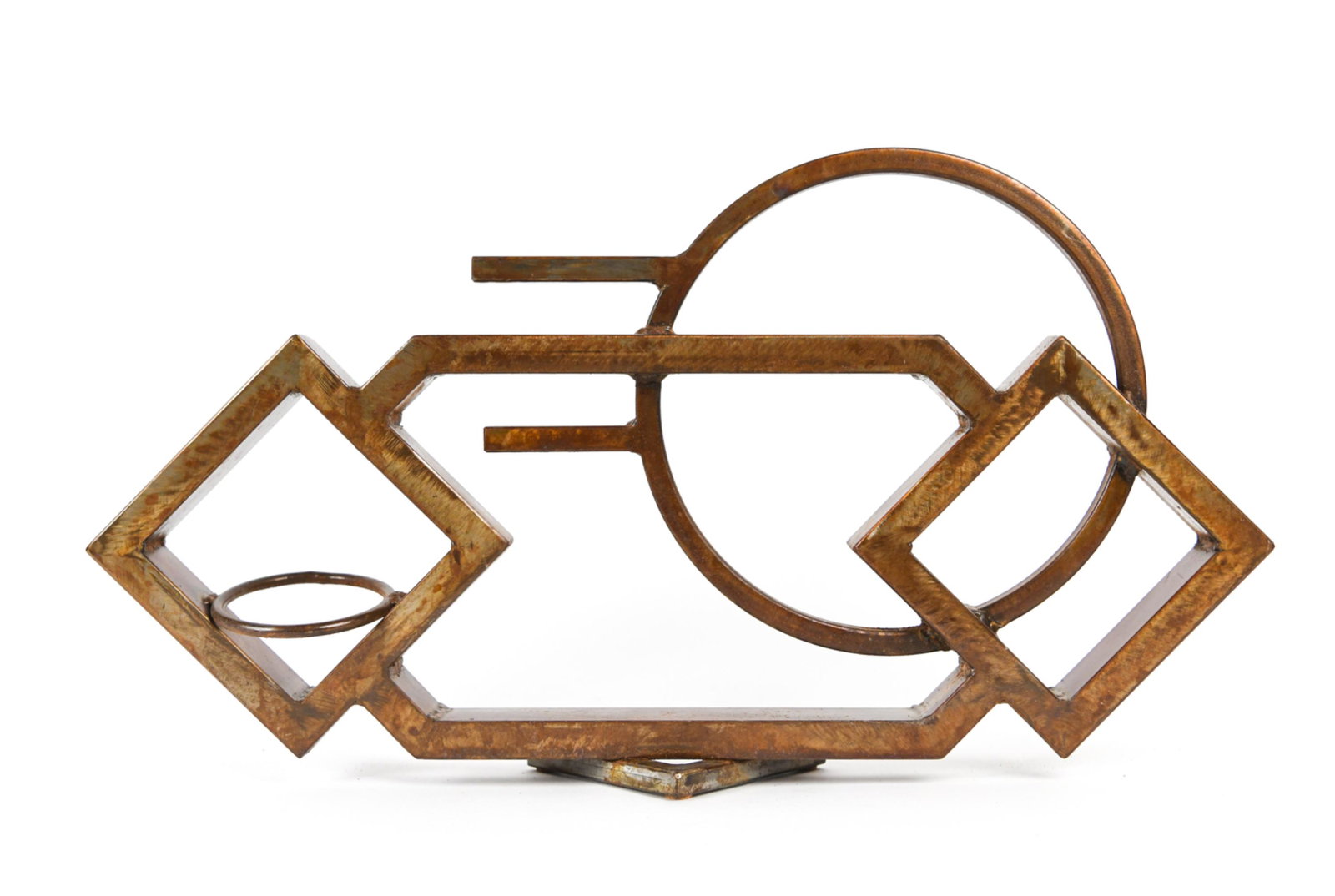 ABSTRACT GEOMETRIC PAINTED METAL SCULPTURE: Apparently unsigned. Painted to mimic antique/rusty patina. Dimensions: H 12.75" x W 23" x D 4" Condition: No issues to note.