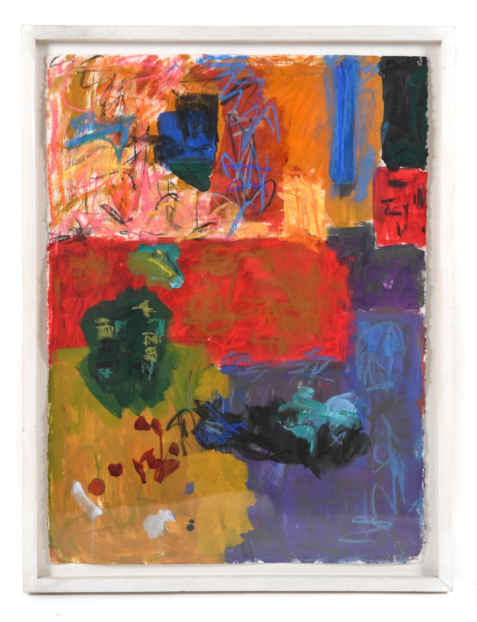 MODERN ABSTRACT MIXED MEDIA ON PAPER: Acrylic and pastel on paper, apparently unsigned. Float mounted. Dimensions: (Frame) H 33" x W 25.25" (Painting) H 30" x W 22" Condition: Scratches to plexiglass, wear to frame. Frame with soiling.