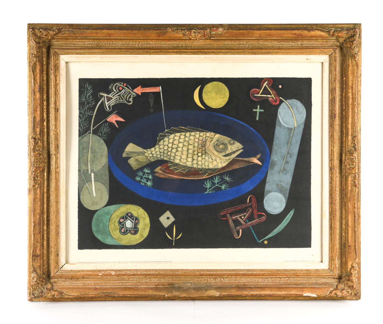 1944 PAUL KLEE MUSEUM PRINT: Museum of Modern Art color print no. 8. Offset lithograph print. Dimensions: (Frame) H 30" x W 34.75", (Sight) H 21.5" x W 27" Condition: Light toning and marks to paper. Losses and damage to frame.