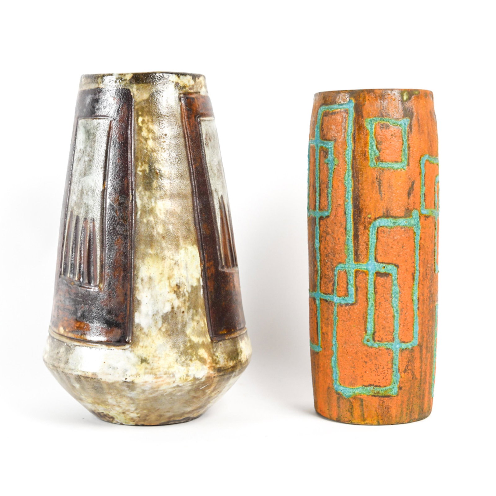 (2) ABSTRACT MID-CENTURY STUDIO CERAMIC VASES: Orange lava glaze with turquoise abstract geometric motif, apparently unmarked. Variegated gray, brown, and white vase signed illegibly. Dimensions: (Signed Vase) H 13.5" x D 9" Condition: Small chip 