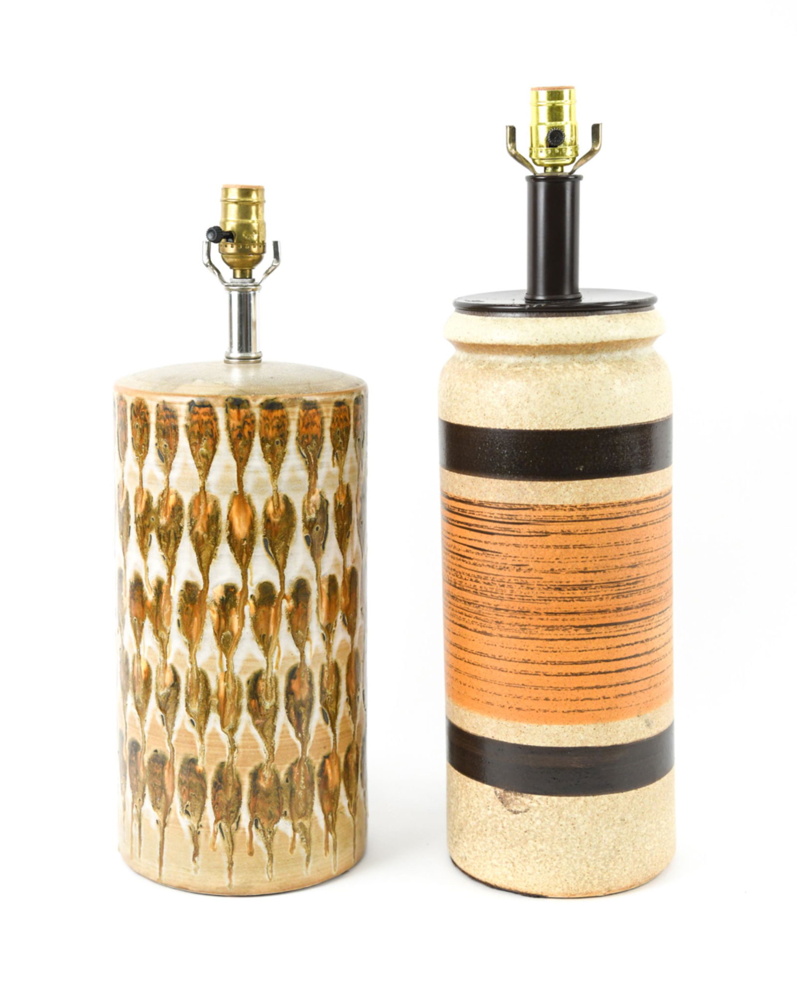 (2) MID-CENTURY STUDIO CERAMIC LAMPS INCL. RAYMOR: Including c. 1960's/70's studio ceramic lamp with hand-painted stripes, with Raymor label to socket, possibly Bitossi or Bagni; and studio ceramic table lamp with unusual drip glaze design, marked to