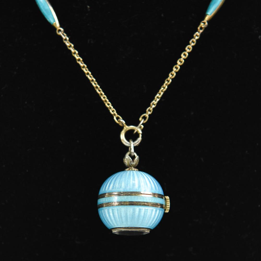 GUILLOCHE ENAMEL & STERLING BALL WATCH NECKLACE (1 of 8)