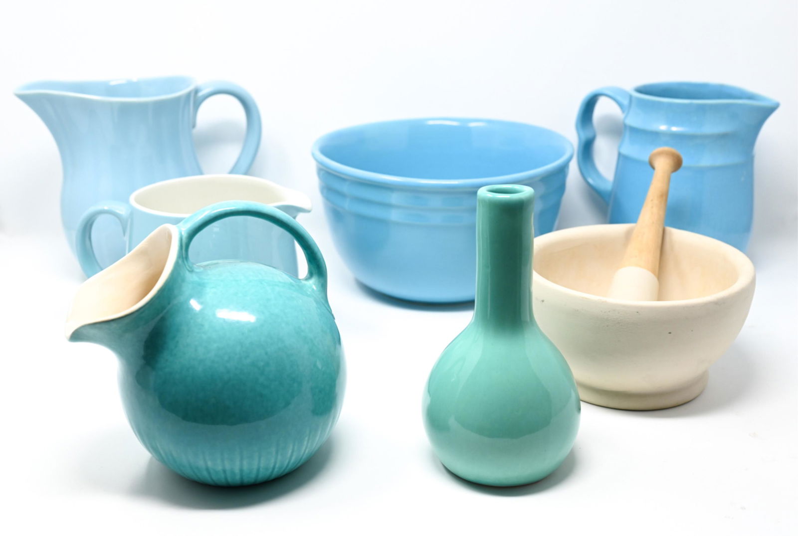 (7) PIECES TURQUOISE CERAMICS W/ MORTAR & PESTLE (1 of 14)