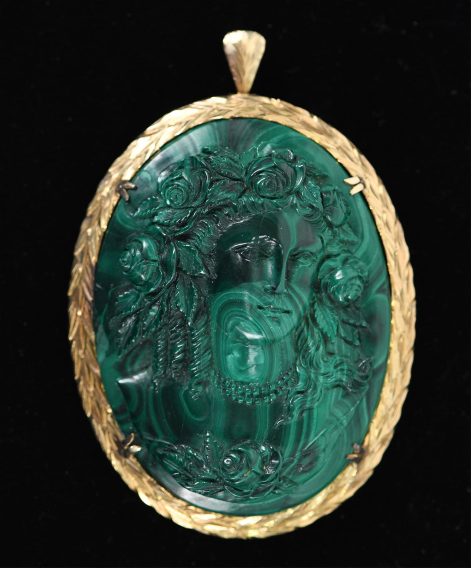 ANTIQUE GOLD AND CARVED MALACHITE CAMEO BROOCH (1 of 7)