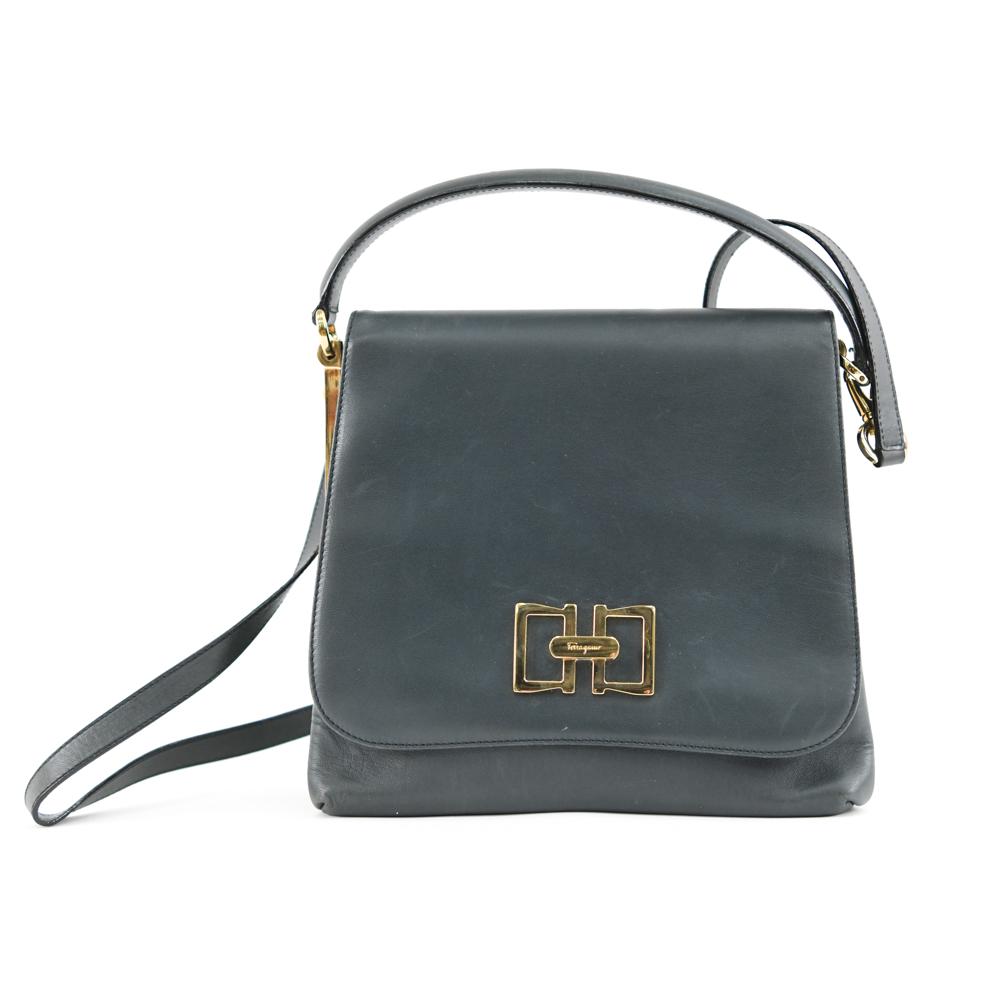 FERRAGAMO NAVY LEATHER CROSSBODY SATCHEL FRAME BAG (1 of 9)