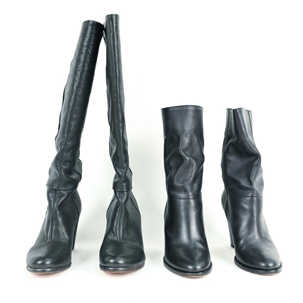 (2) PAIRS OF LADIES DESIGNER BOOTS INC. JIMMY CHOO: Rag & Bone knee length black leather, size 37.5, and Jimmy Choo, size 38, slouch ankle booties. Condition: Both very lightly worn.