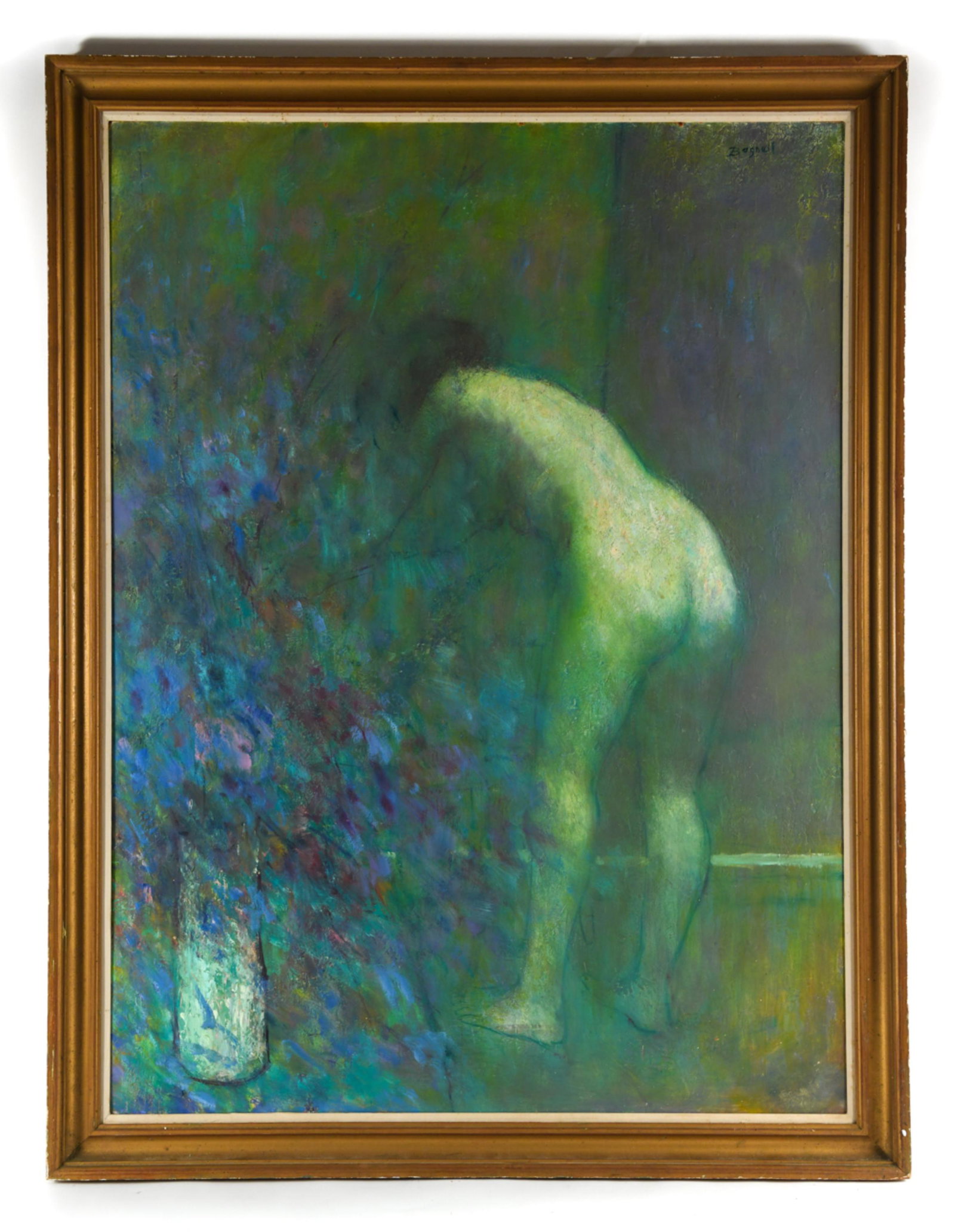 STEPHEN BAGNELL (1930-1996) O/B MODERNIST NUDE: Signed upper right. Oil on board modernist nude. Artist information attached verso. Stephen Bagnell, NY/NJ (1930-1996) An Army veteran, Bagnell studied at the Art Students League of New York City and 