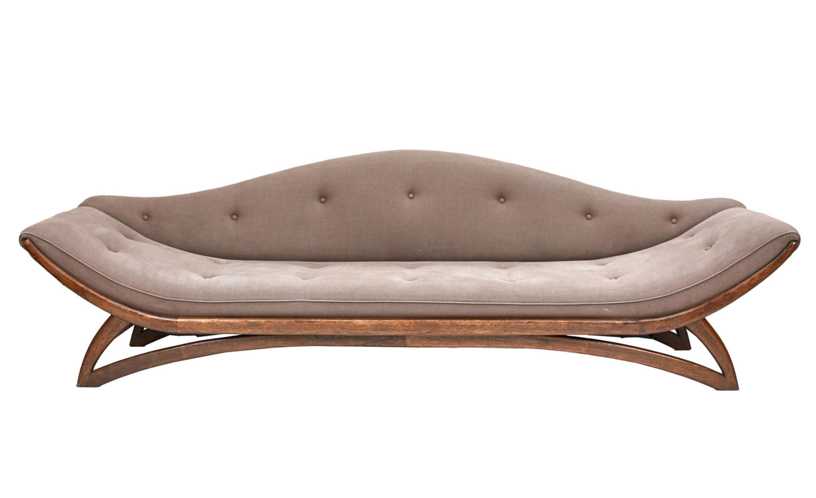 MID-CENTURY CARSONS GONDOLA SOFA ON WALNUT BASE: By Carsons Furniture. 1950's. Tufted upholstery. Manner of Adrian Pearsall, Dimensions: H 26" x W 110" x D 31.5" x SH 14" Condition: Fading and soiling to upholstery; in need of reupholstery. Some mar