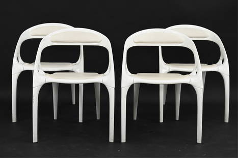 (4) ROSS LOVEGROVE BERNHARDT DESIGN GO CHAIRS: Go stacking chair. Designed by Ross Lovegrove in 1998. Award winning organic form. White powder-coated magnesium frame. Padded seat and back. Bernhardt Design Label under. Dimensions: H 30.75" x W 23"