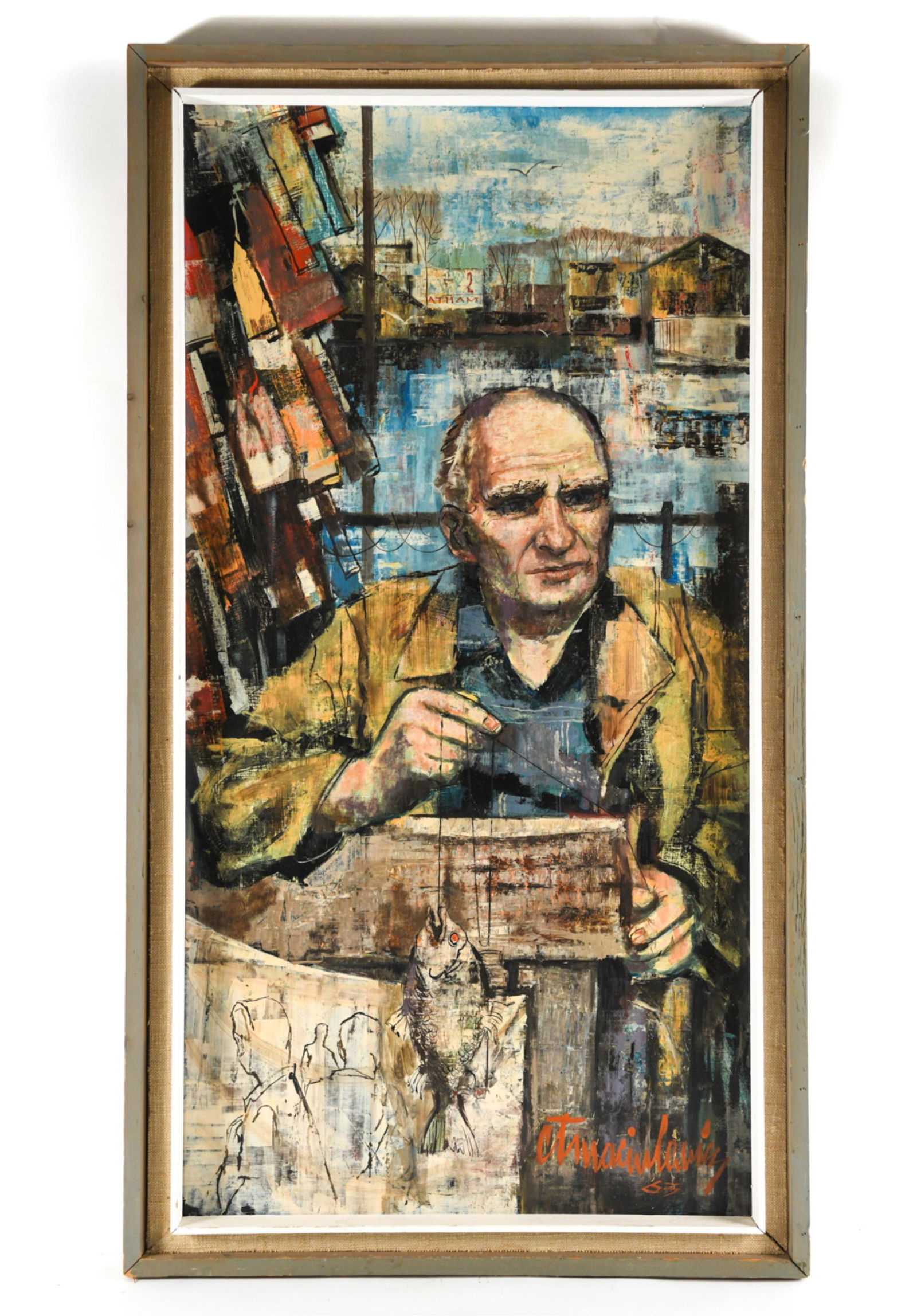 CASIMIR T. MACIULEWICZ, NY (1930-2009) PAINTING: Oil on masonite, signed lower right. Abstracted fisherman on a wharf. Casimir Thomas Maciulewicz (Chuck Mack), American - Chicago/NY (1930-2009). Dimensions: (Frame) H 50" x W 28.5", (Painting) H 46"