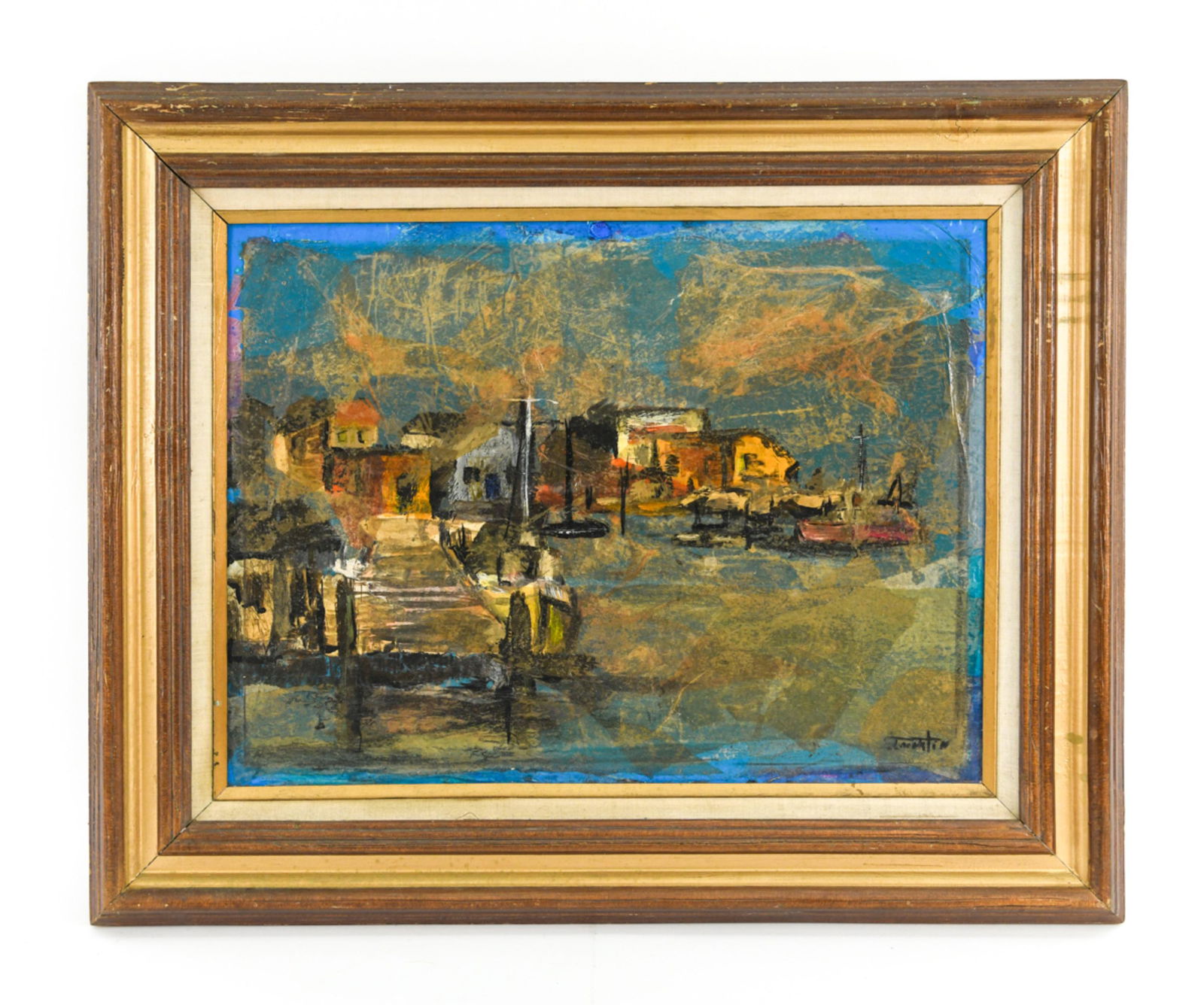 MODERN PIER SCENE O/C WITH COLLAGE: Oil on canvas board, signed lower right with tissue paper collage. Dimensions: (Frame) H 26.5" x W 32" (Painting) H 18" x W 24" Condition: Rubbing to frame, yellowing to varnish.